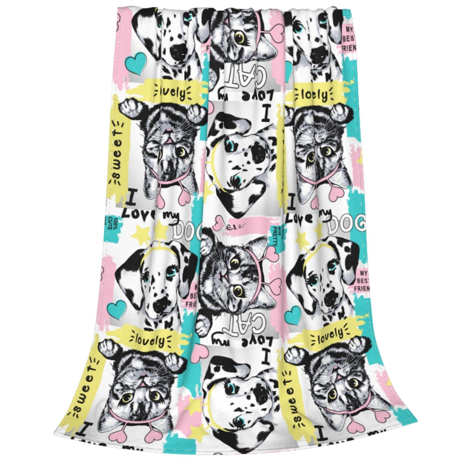 Graziosa coperta in pile con gatti e cani per letto, divano, coperta in pile, leggera, morbida e accogliente, 127 x 101,6 cm