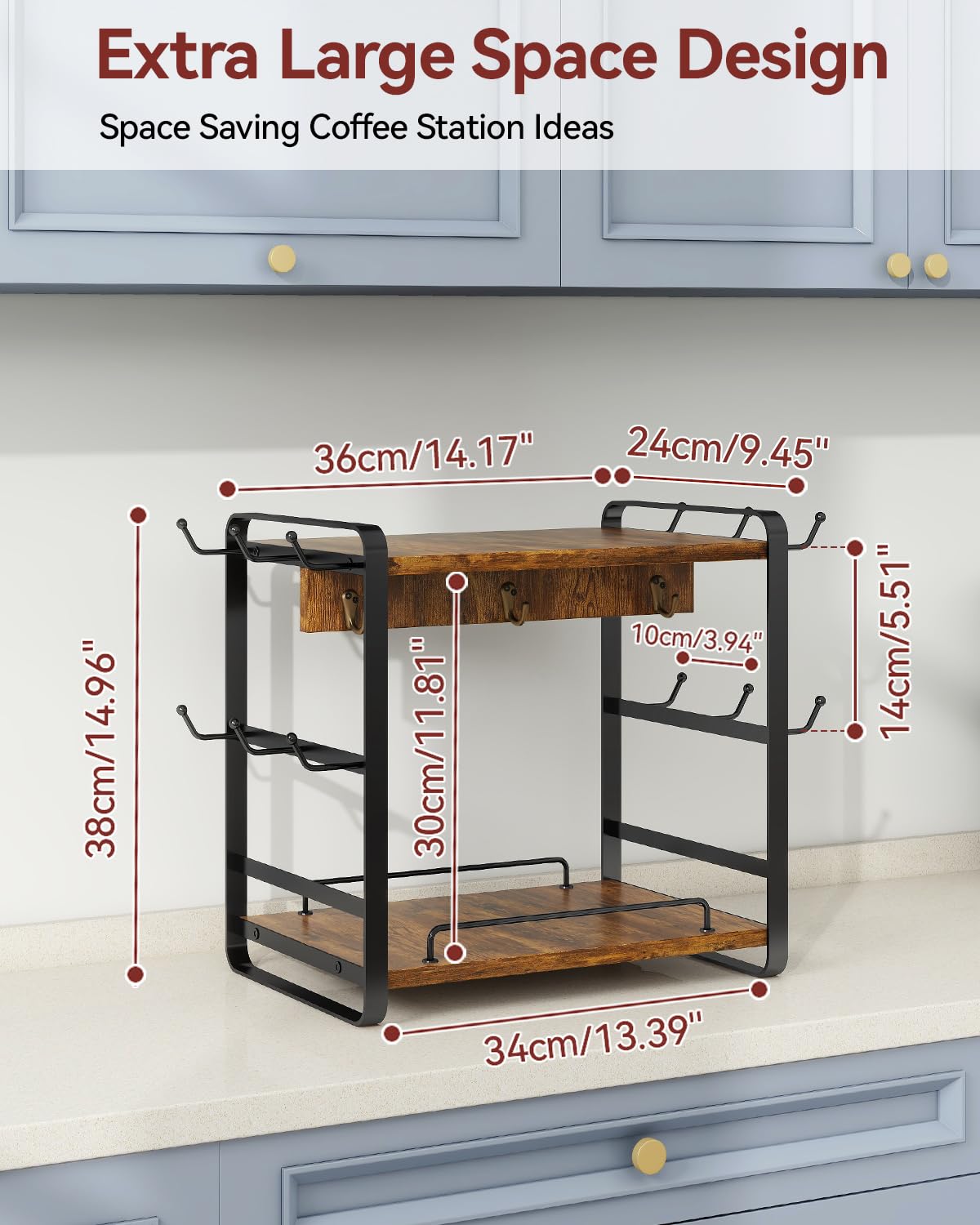 IBUYKE Organisateur De Comptoir De Bar à Café, Portetasse à 2 Niveaux Pour Cuisine, Organisateur Tasse à Café En Bois Avec 18 Crochets, Support Tasse Pour Maison,Cuisine Et Bureau,TBJ006H