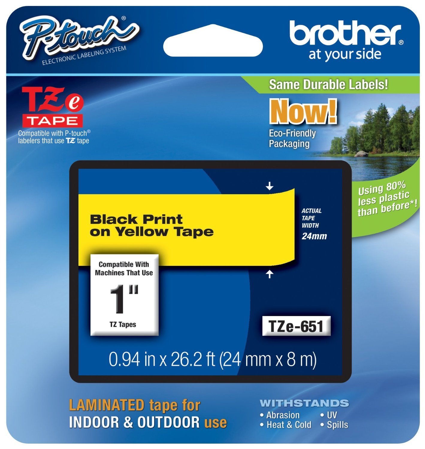 Brother Laminated Tape Black on Yellow, 24mm (TZe651) - Retail Packaging (4, Black on Yellow)