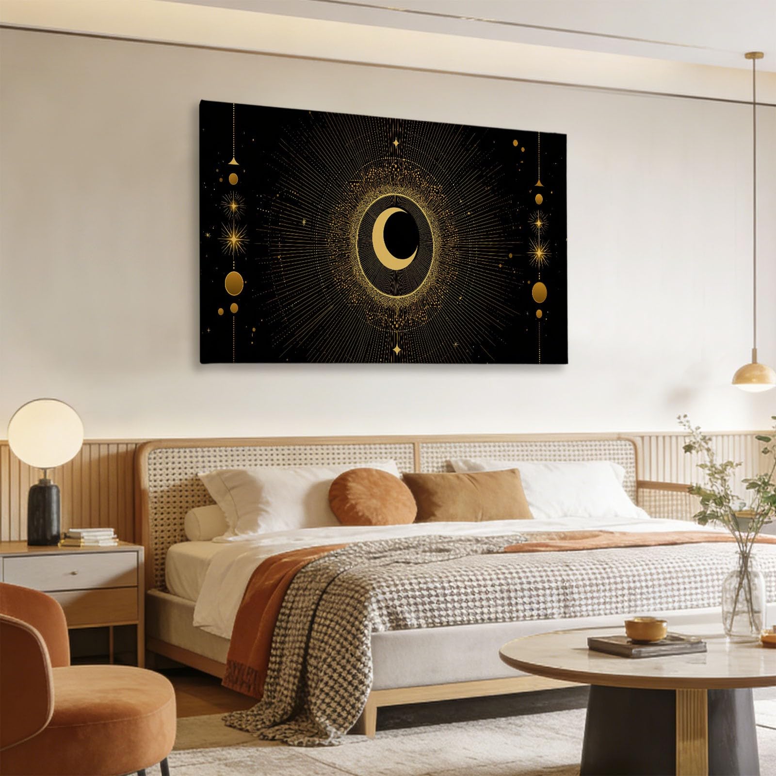 Schwarz Abstrakt Geometrisch Himmlisch Mond Modernes Leinwandbild 140L x 70B cm mit Rahmen, Boho XXL Wanddeko für Wohnzimmer Geschenk Idee Einzug - Hochwertiger Kunstdruck auf Holzrahmen