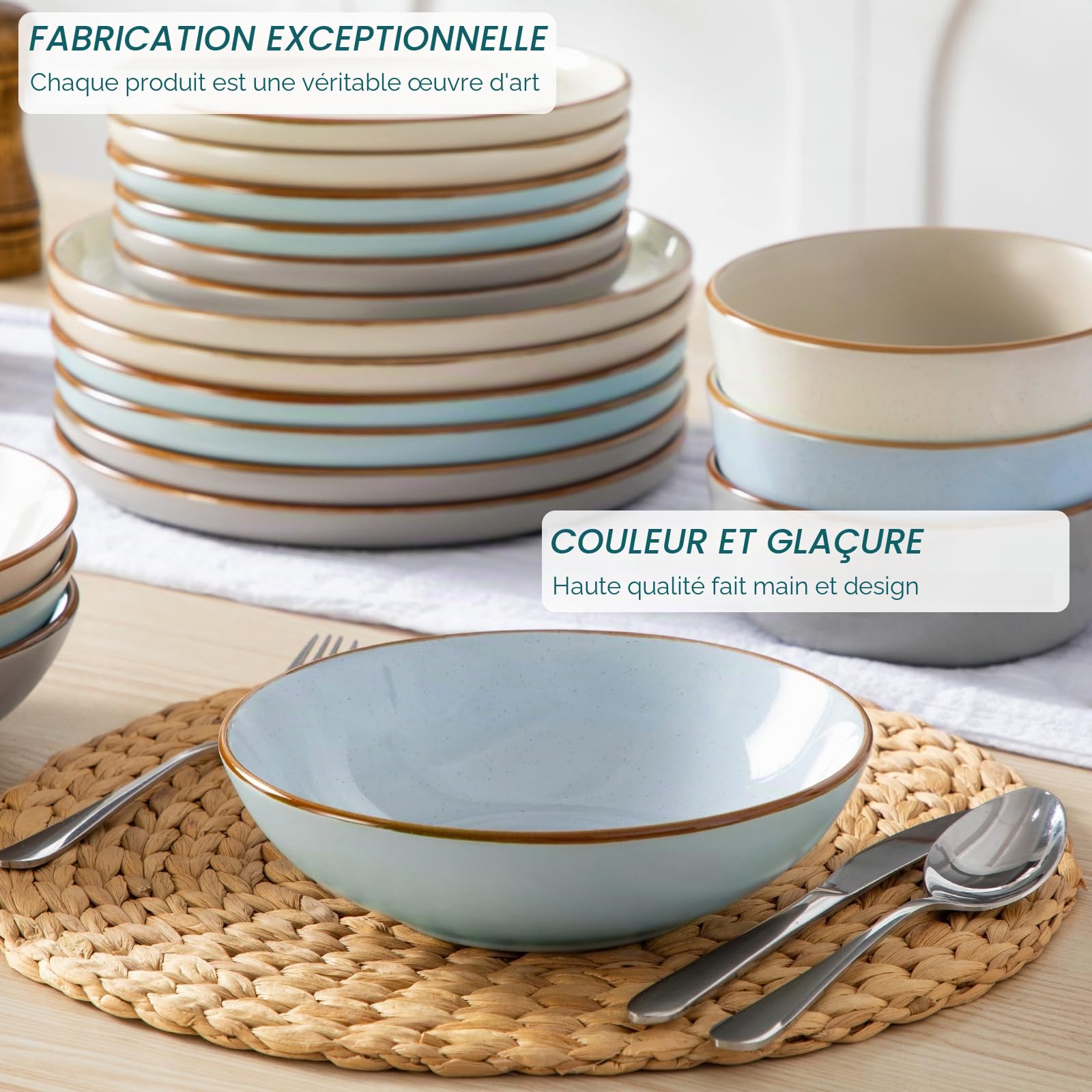 vancasso RENO Assittes Service de table en faïence pour 6 personnes, 24 pièces, Grès - Assiettes Plates, Dessert, Bols - Adapté au Micro, 3 Couleurs Bleu/Gris/Beige, 2 de chaque