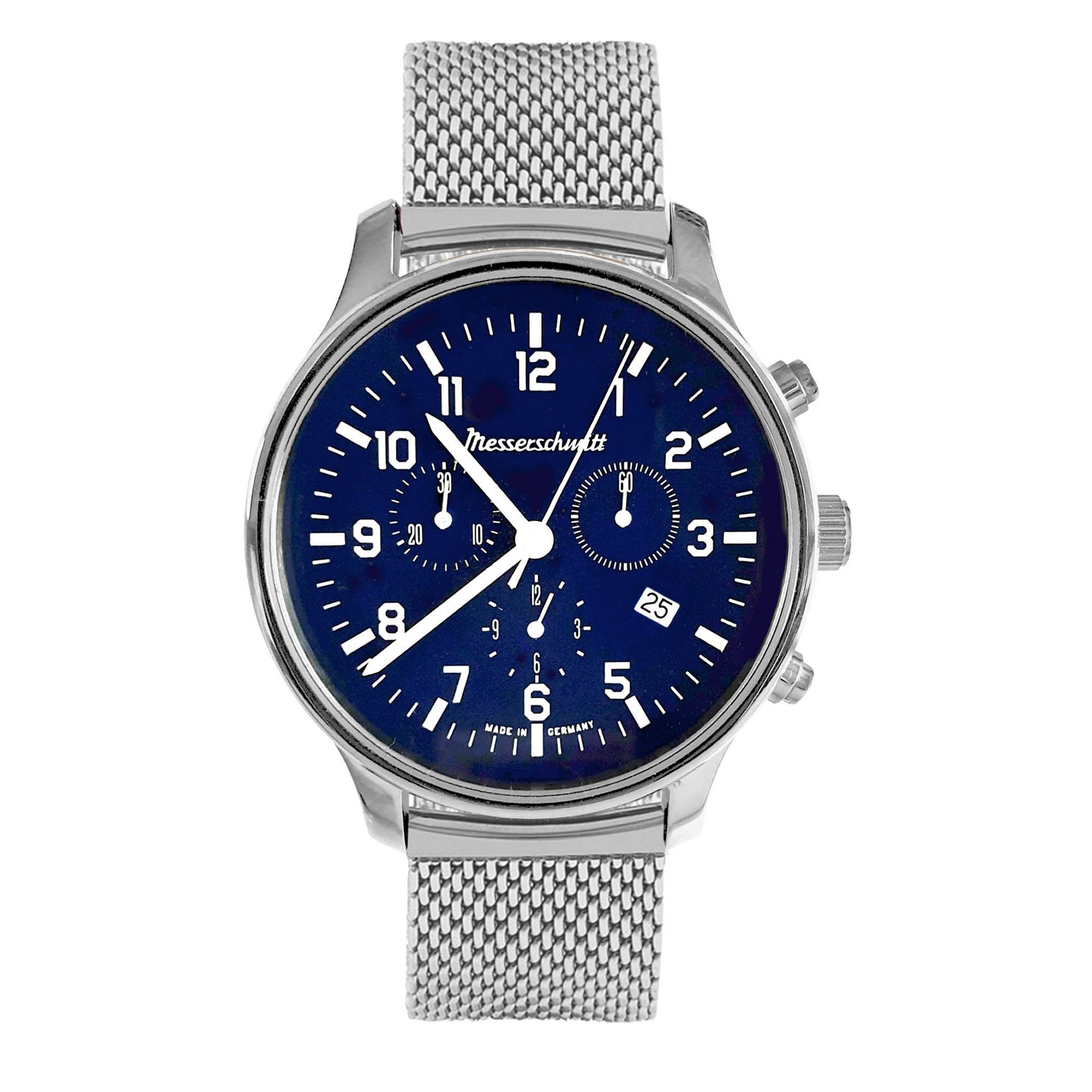 Messerschmitt Orologio da uomo ME42CH-M – Eleganza e precisione – Quadrante laccato blu cobalto in combinazione con cassa in acciaio inox satinato – Ø 42 mm – Cinturino in maglia milanese – Made in