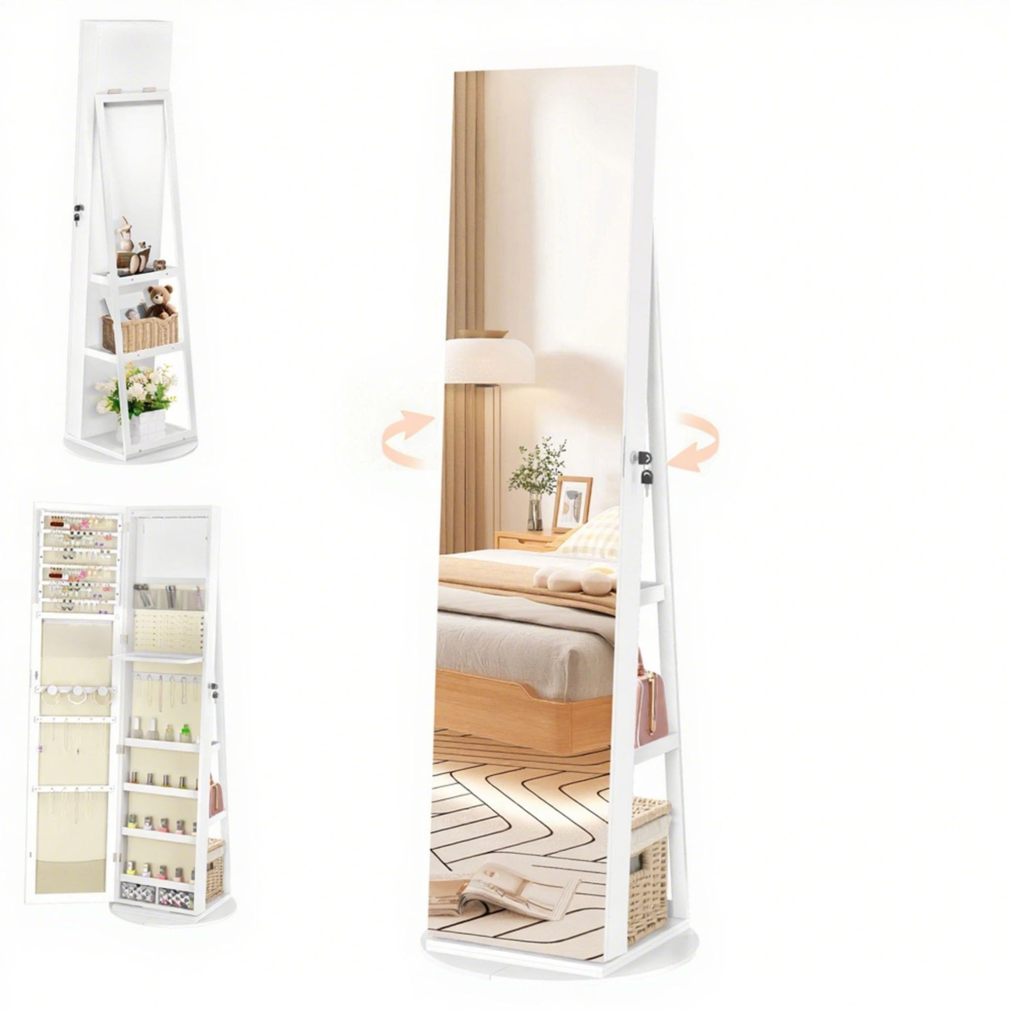XMTECH Armario para joyas 3 en 1 con espejo giratorio de 360°, espejo de maquillaje LED, blanco, 161 x 54,5 x 10 cm, moderno