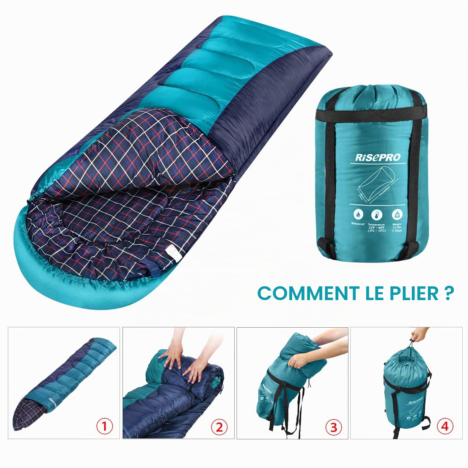 Sac de Couchage Flanelle léger, Portable, étanche 3-4 Saisons pour Temps Chaud et Froid avec Sac de Compression pour Adultes et Enfants