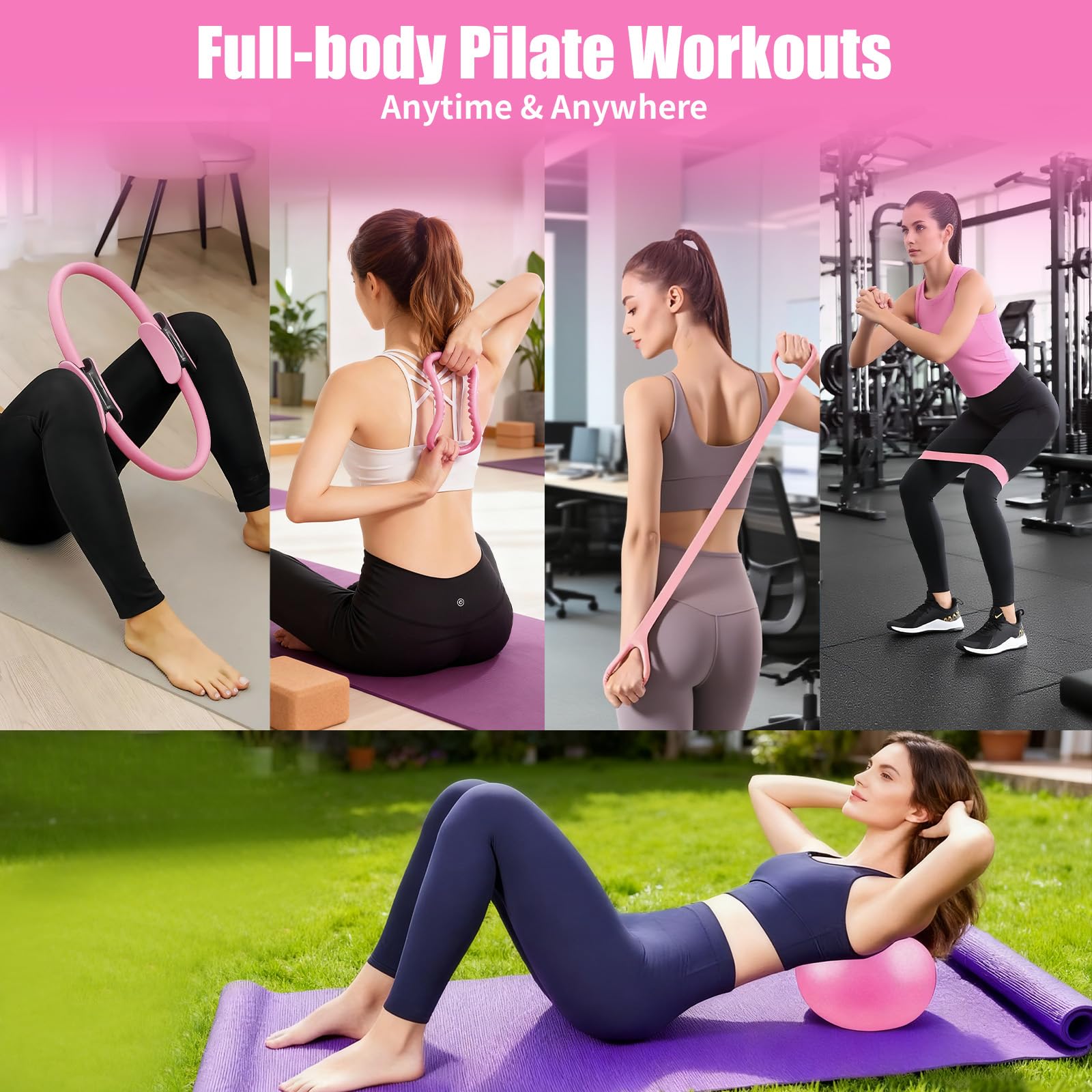 Pilates Set, 13 Teiliges Pilates Essential Kit für Frauen, Pilates Zubehör Set mit Pilates Ring, Yoga Ball, Fitnessbänder, Grip Socken, Pilates Set für Zuhause Bauch Beine Po Studio-Workout