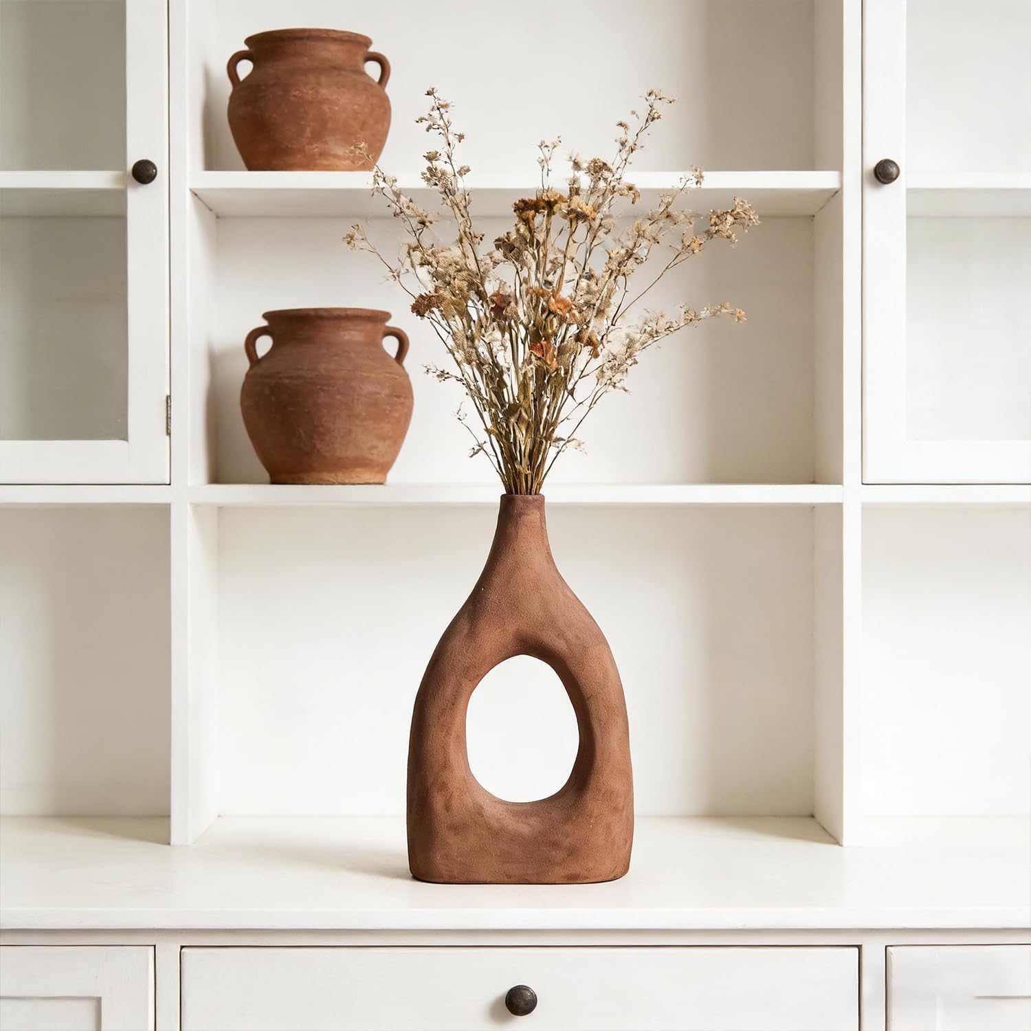 Large Boho Ceramic Floor Vase for Home Decor, Matte Narrow Hollow Vase for Pampas Grass, Minimalist Decorative Centerpiece for Living Room, Entryway, Office (Terracotta Large)