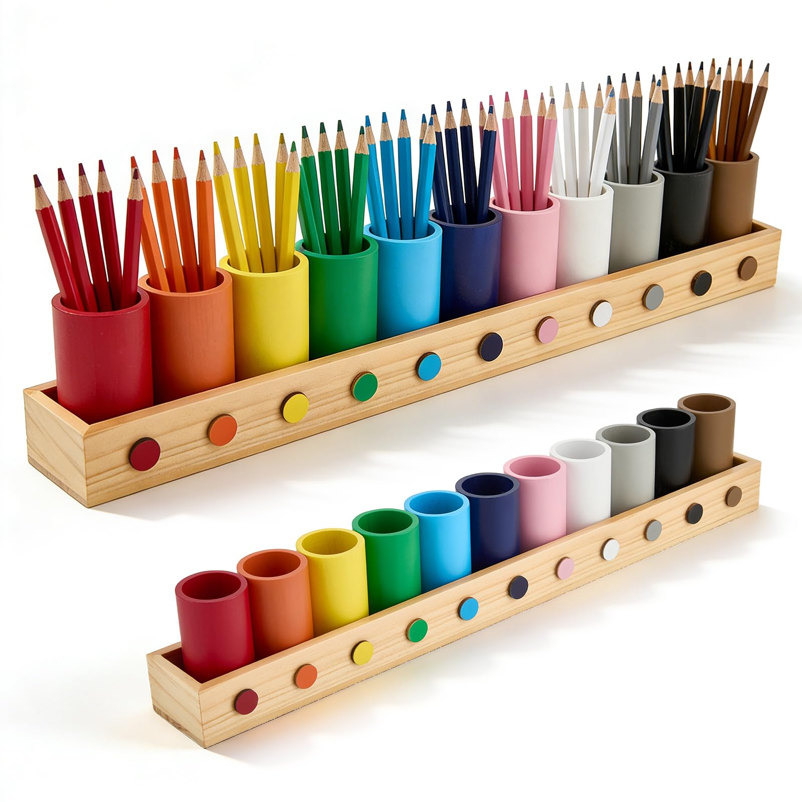 Portapenne e organizer da scrivania in legno massiccio, 11 scomparti, 46 x 5,8 x 8 cm, in legno con finestrelle, portapenne per scuola, home office e cameretta dei bambini