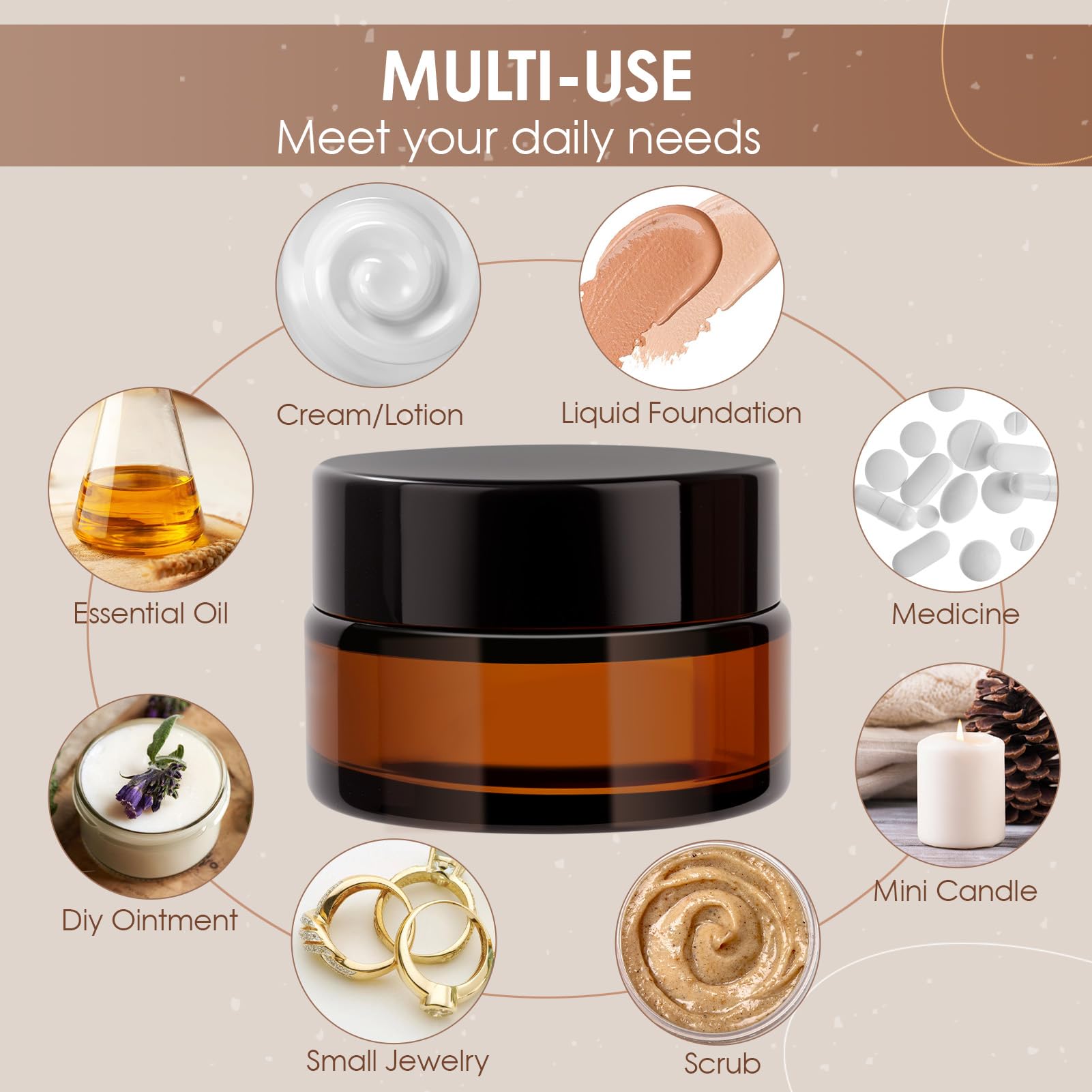 Ámbar Tarros Cosmeticos 20ml, Tarros de Crema con 2 Raspadores, Contenedor de Cosméticos Marrón, Tarro de Cristal con Tapa
