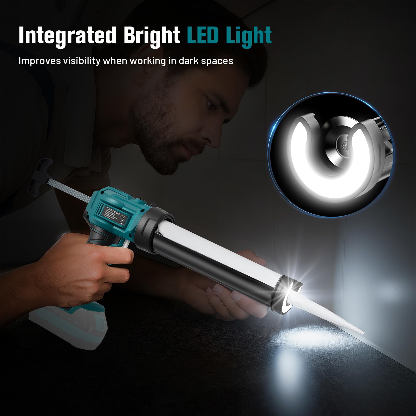 Pistola de calafateo con batería compatible con Makita de 18 V, pistola selladora automática con 4 niveles de velocidad y luz LED, protección contra goteo, rotación de 360° (10oz/300 ml)