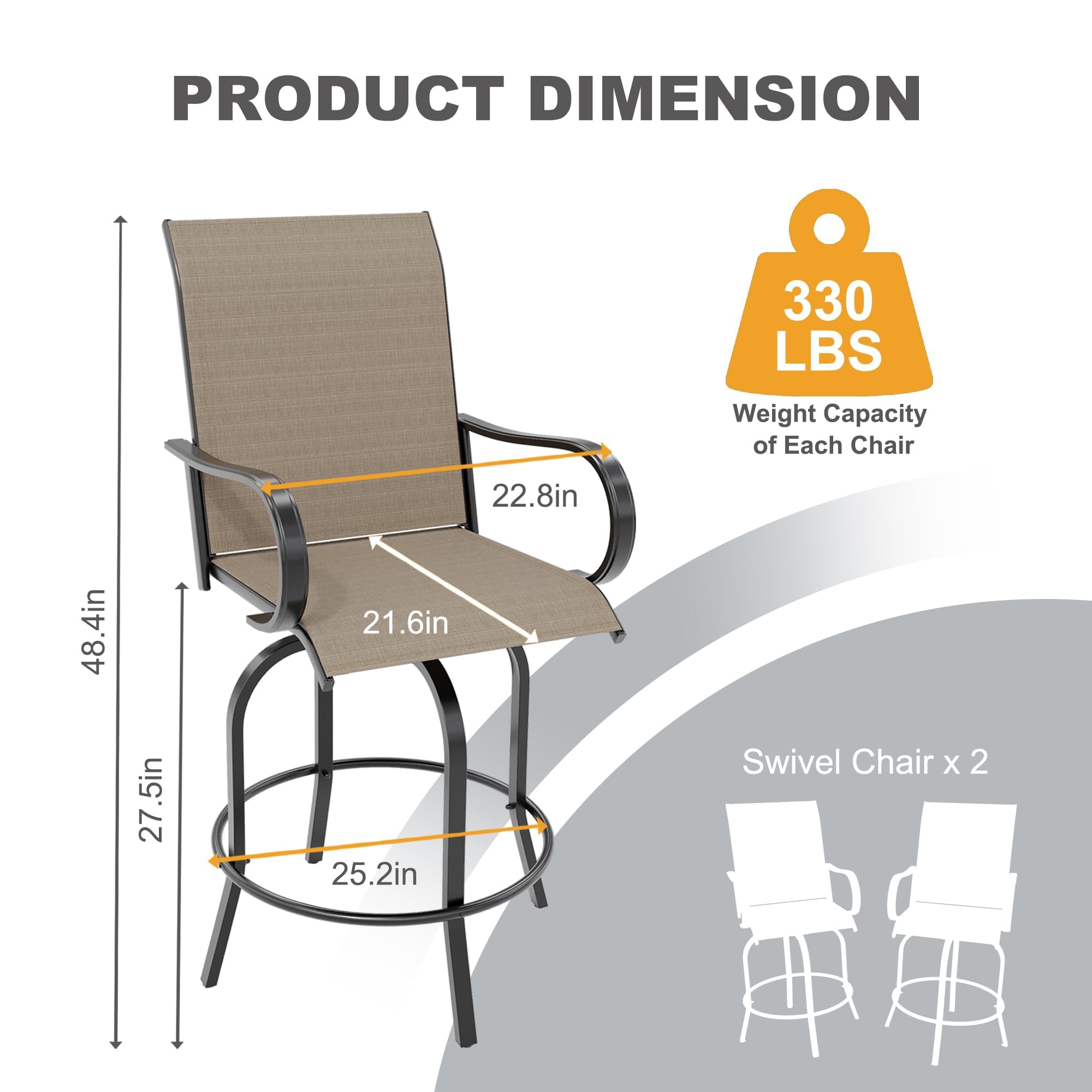 Garvee Ensemble De Bar De Jardin, Table Haute Carrée en Verre Trempé, Tabourets Pivotants, Mobilier Extérieur Résistant Intempéries, Idéal pour Terrasse, Balcon, Jardin, Piscine