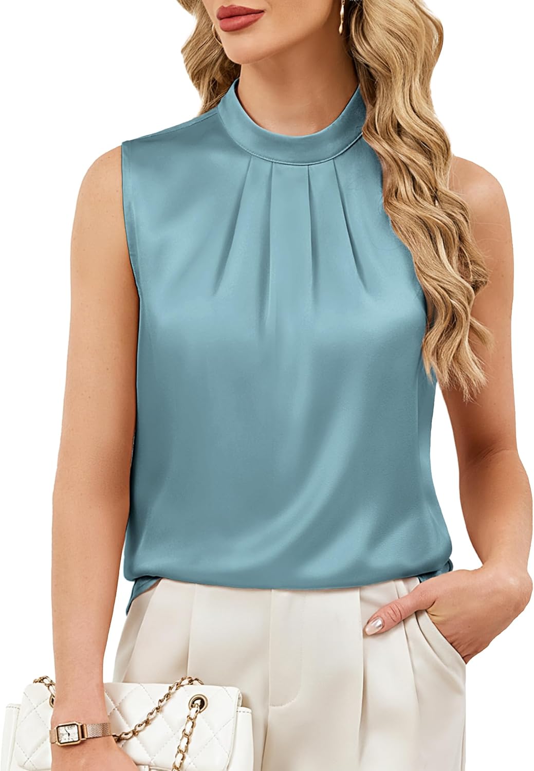 Funlingo Womens Satin Tank Tops Summer Sleeveless Mock Neck Dressy Blouses Pleated Work Shirts Business Casual Outfit