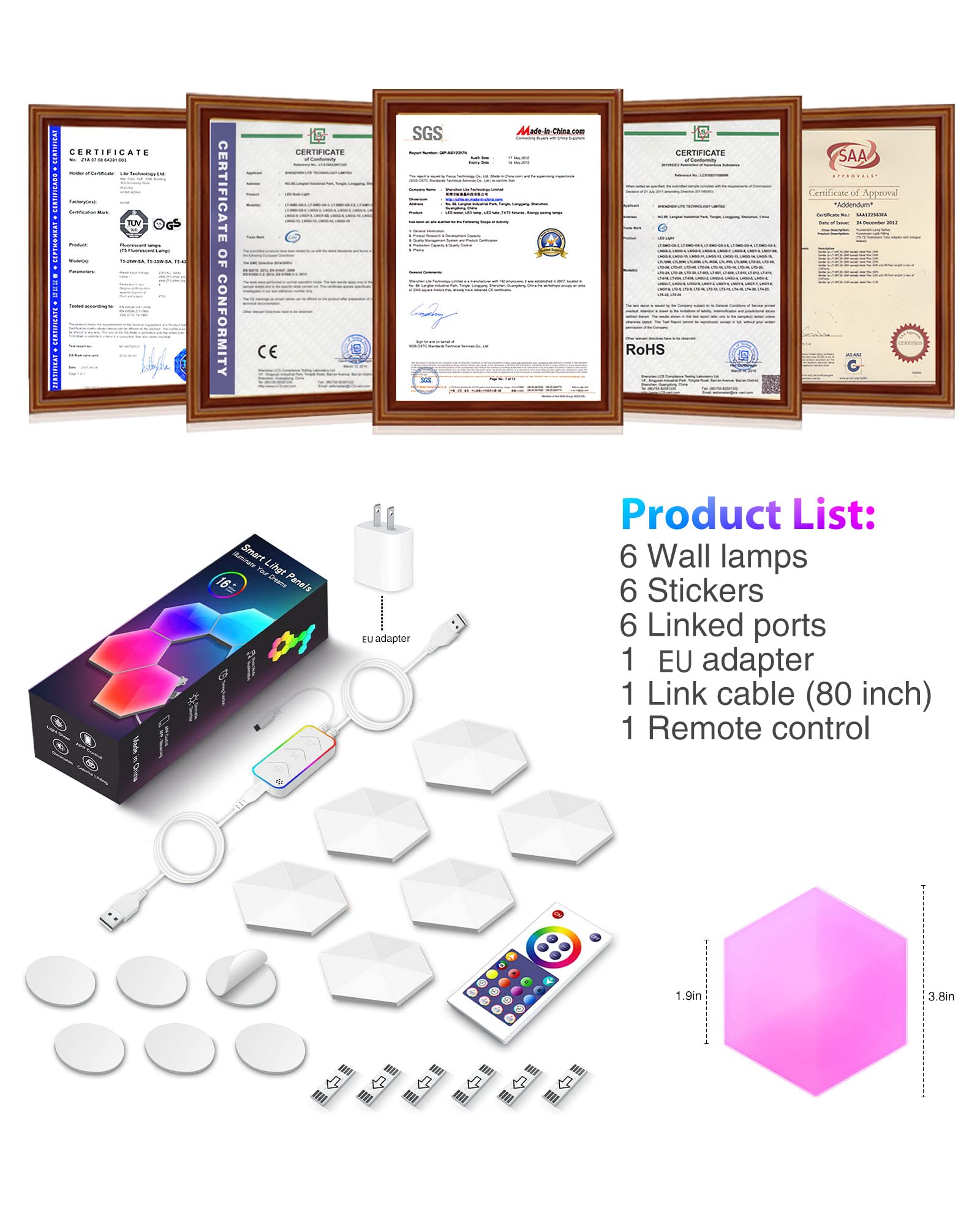 Luz LED Hexagonal, 6pcs Atmósfera de juego Luces de bricolaje Hexagons Starter Kit Control Remoto de APP de Control de Voz Inteligente para la Decoración del Hogar de Configuración de Juegos