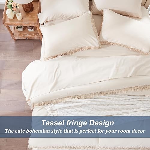 Miniatura 4 de Anluoer Juego de edredón Queen de 7 piezas con sábanas, ropa de cama bohemia beige en una bolsa con borlas, juegos de ropa de cama ligera y suave