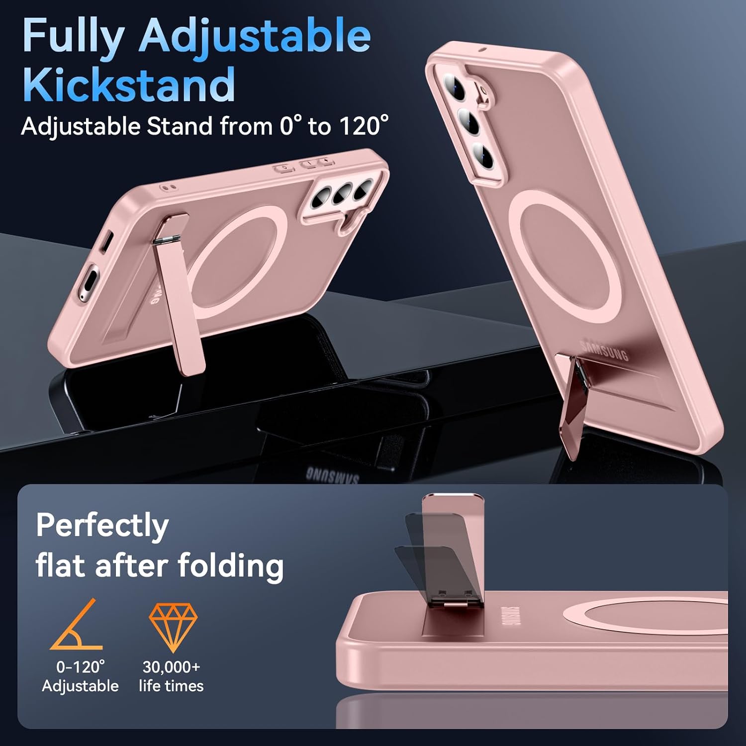 OWKEY Magnetic for Samsung Galaxy S22+ Plus Phone Case with Adjustable Stand, Galaxy S22+ Plus Case [Shockproof Military Grade Drop Protection] Translucent Matte Back Samsung S22 Plus Case, Pink thumbnail