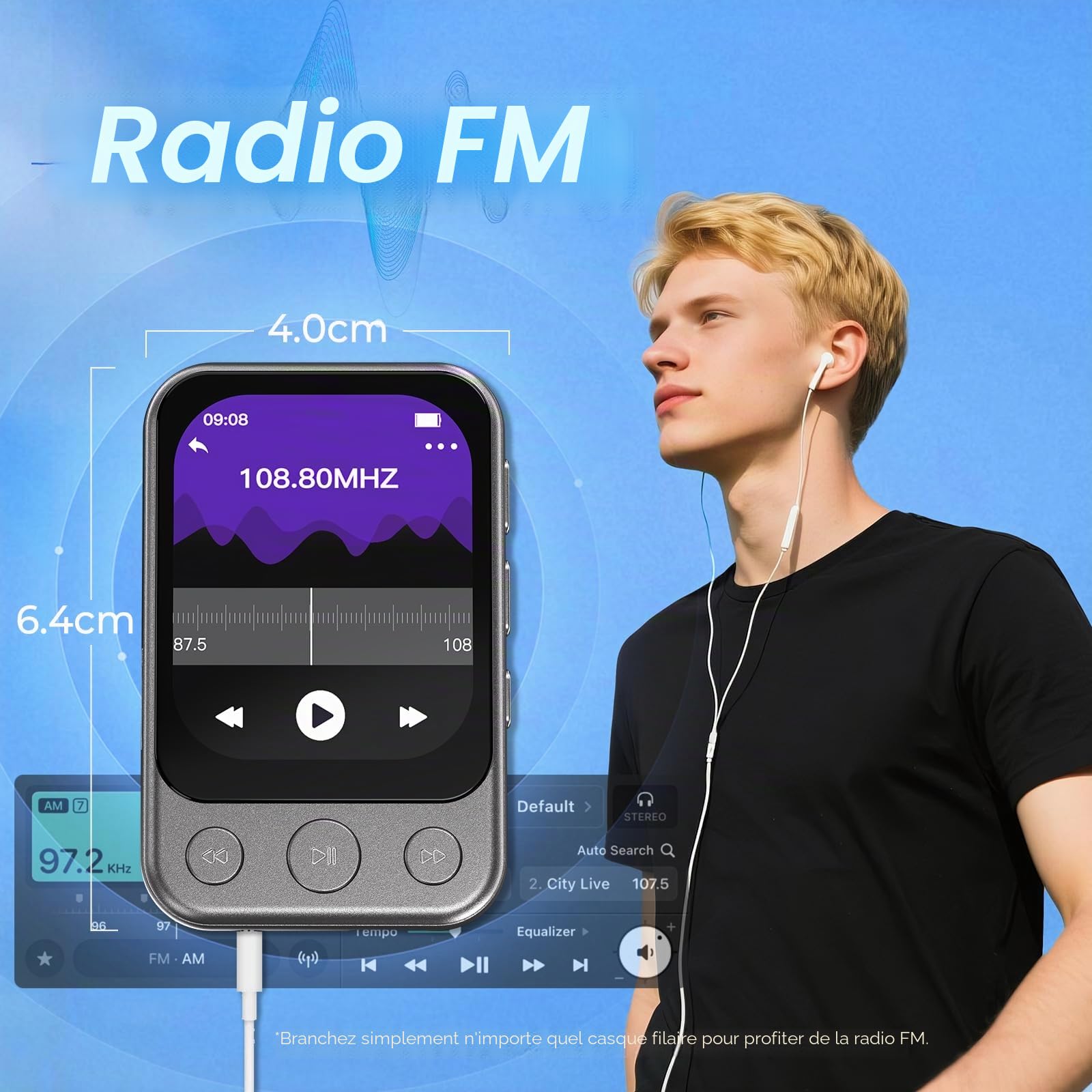 64GB Lecteur MP3 Bluetooth 5.3 avec Clip & Haut-Parleur, Lecteur de Musique Sport avec Écran Tactile et Boutons, Contrôle de Volume Indépendant, Radio FM, Extensible jusqu'à 128GB
