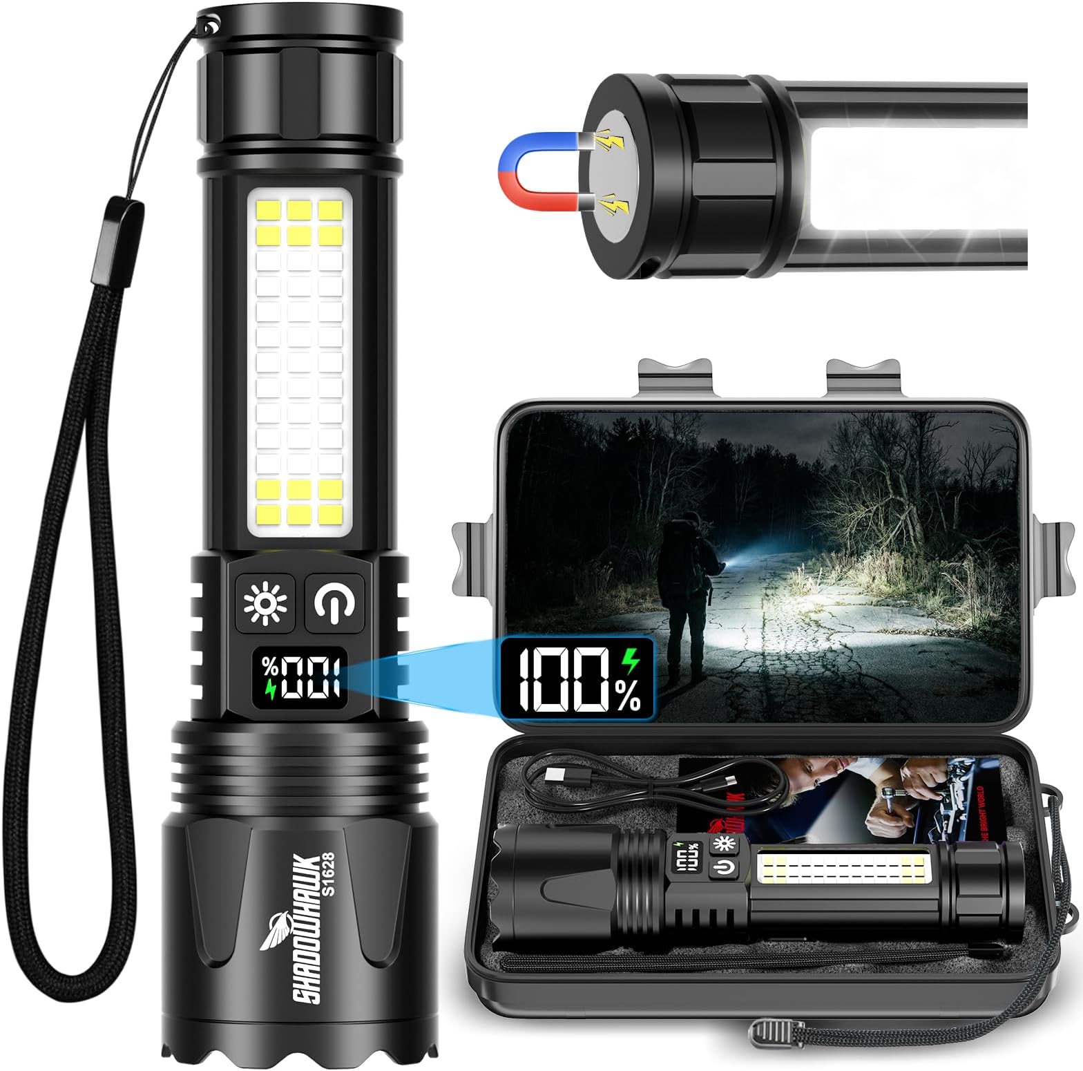 Shadowhawk 7 Modes Rechargeable Torch Blue-Black, 5000mAh Torch Battery Powered 12H, IP67 Torches Powerful Flashlight Tactical Flashlight for Camping/Dog Walking