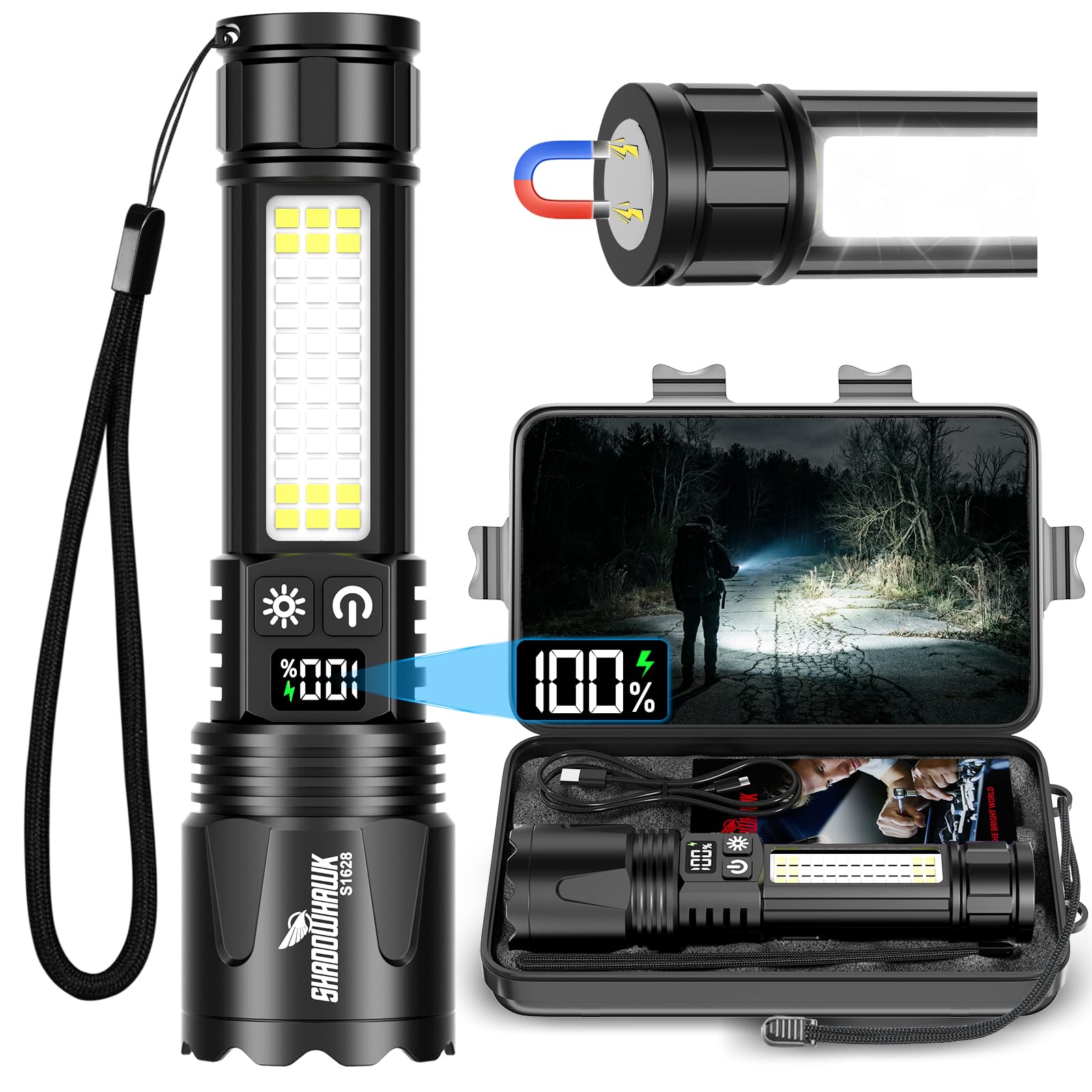 Shadowhawk Extrem Hell Taschenlampe Led Aufladbar Mit 7 Modi - Zwei Schalter Taktische Taschenlampe mit COB Arbeitsleucht, USB C+A Flashlight für Camping/Outdoor/Notfälle, N45 Magnet & LCD Display