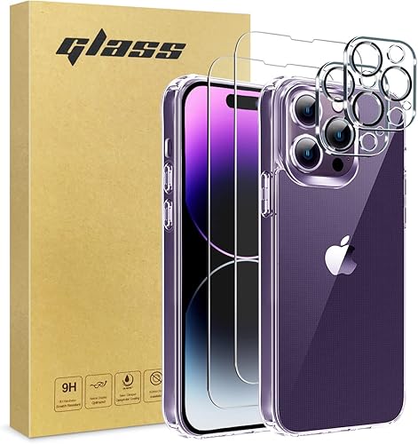 Andii Funda 5 en 1 para iPhone 14 Pro Max con 2 protectores de pantalla de vidrio templado y 2 protectores de lente de cámara protección de grado