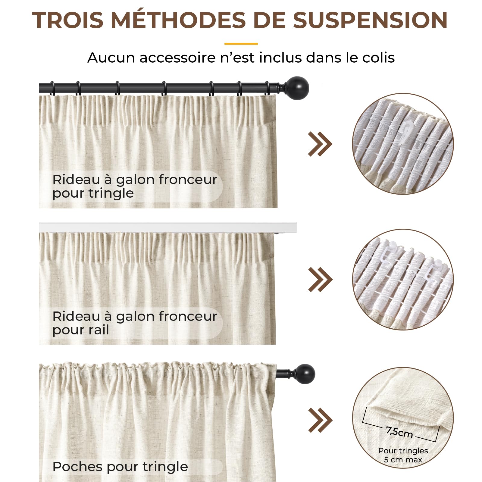 INOVADAY Rideaux Effet Lin Semi-Transparents 140x245 cm Lot de 2,Naturel | Rideau Galon Fronceur pour Salon Chambre, Lumière Douce, Intimité Préservée, Aspect lin naturel, Lavable, Suspension Flexible