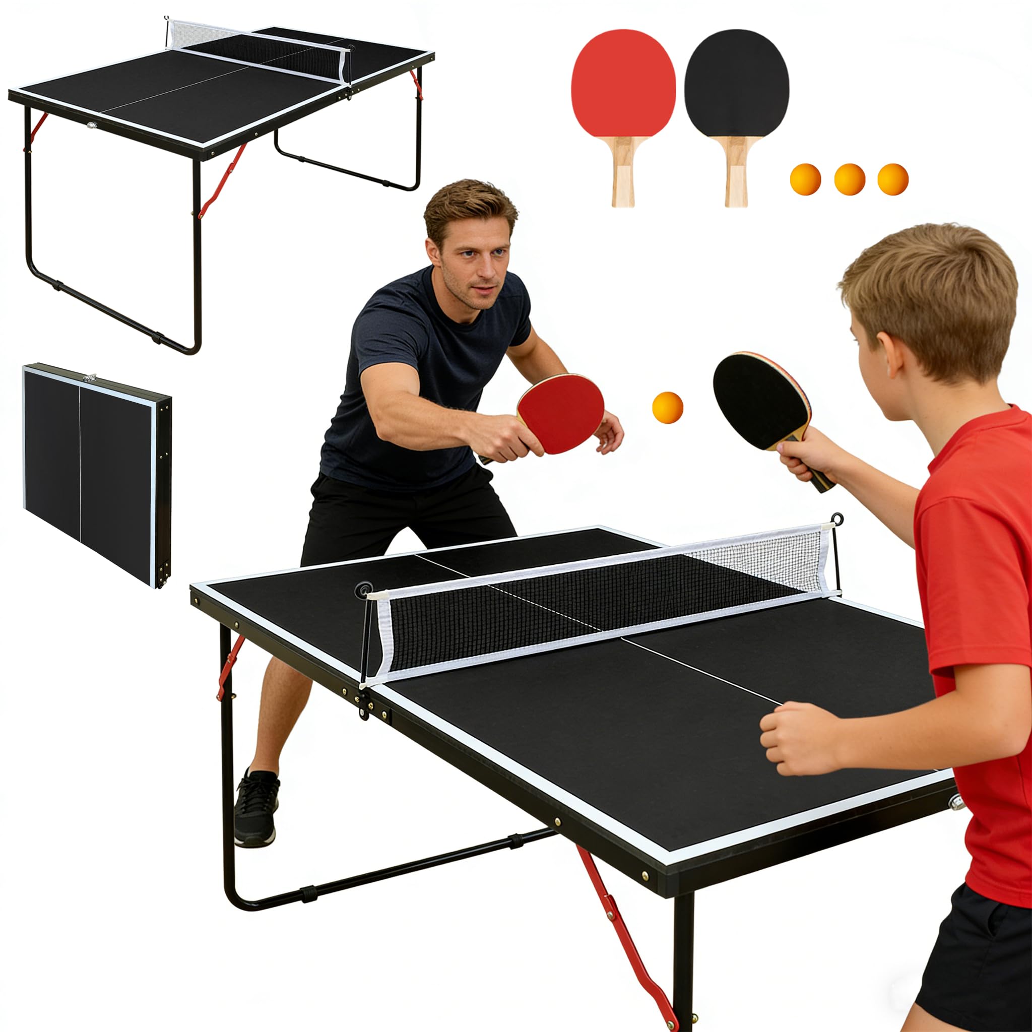 Tischtennisplatte 137x 76 x 66cm Tischtennistisch Faltbar & Tragbar Mini Ping Pong Tisch Set für Indoor & Outdoor Spiele mit Netz, 2 Tischtennisschläger & 3 Bälle