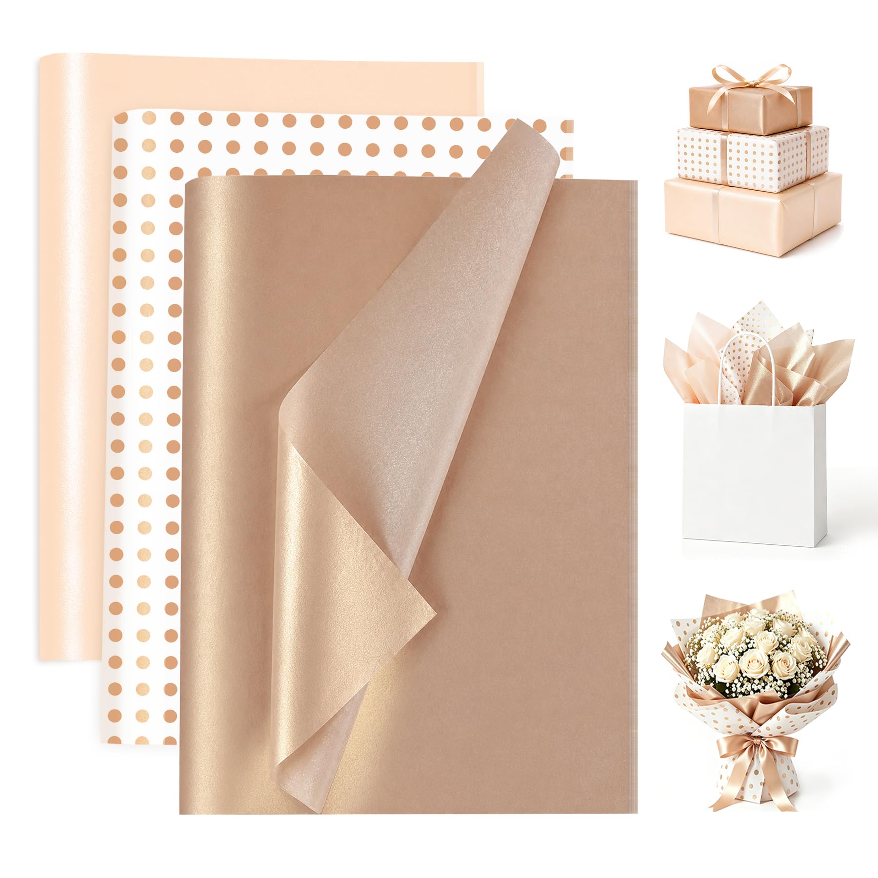 Toptime 60 Sheets Metallic Tissue Paper Bulk, Polka Dots Tissue Paper for Wrapping Gifts & Gift Bags, Shimmer Rose Gold Craft Papers for Birthday, Wedding, Holiday, Party Decoration (50 x 35cm)