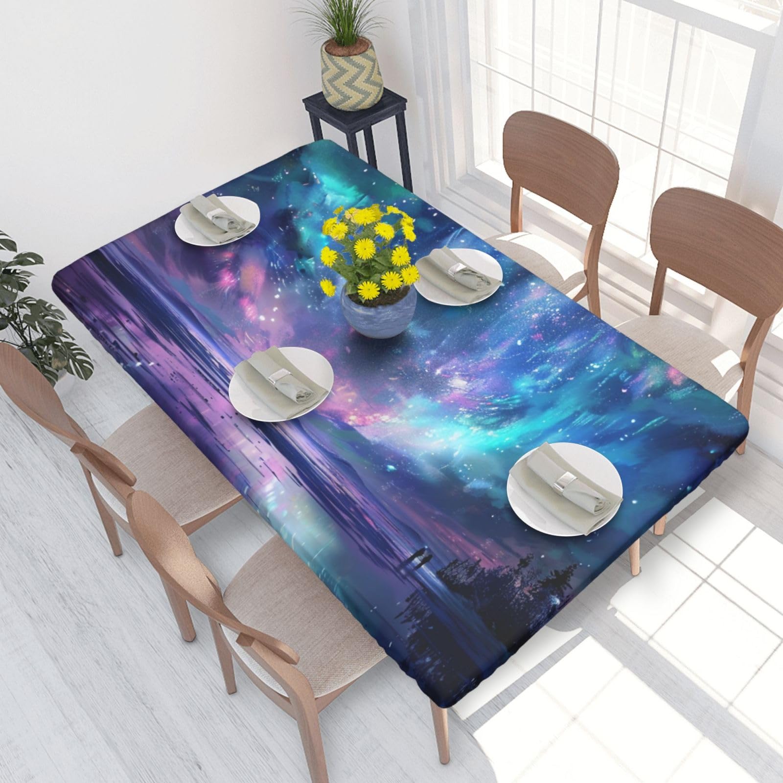 DCARSETCV Northern Lights Printed 4FT Waterproof Tablecloth with Elastic Edged Protect & Decor Your Table, Oil-proof Washable Table Cloth Cover for Dinner Picnic Party