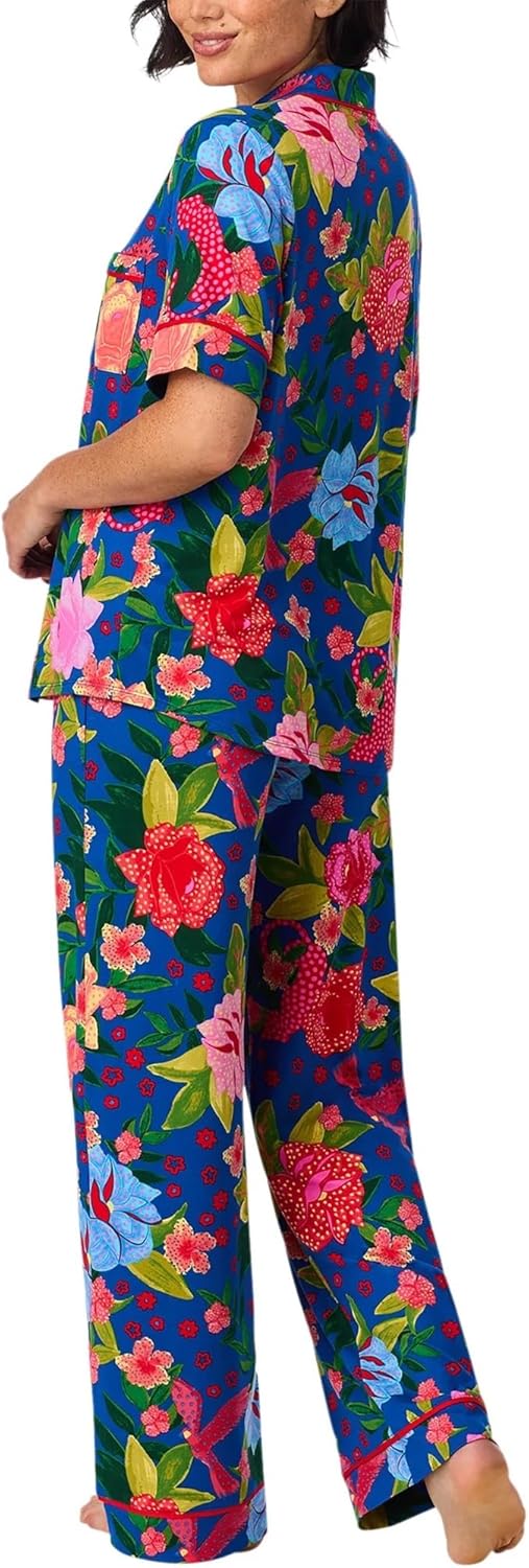 Room Service Women’s Pajama Sets, Short Sleeve Soft Stretch Button-Down Top with Open Leg Pants, 2-Piece Lounge Set
