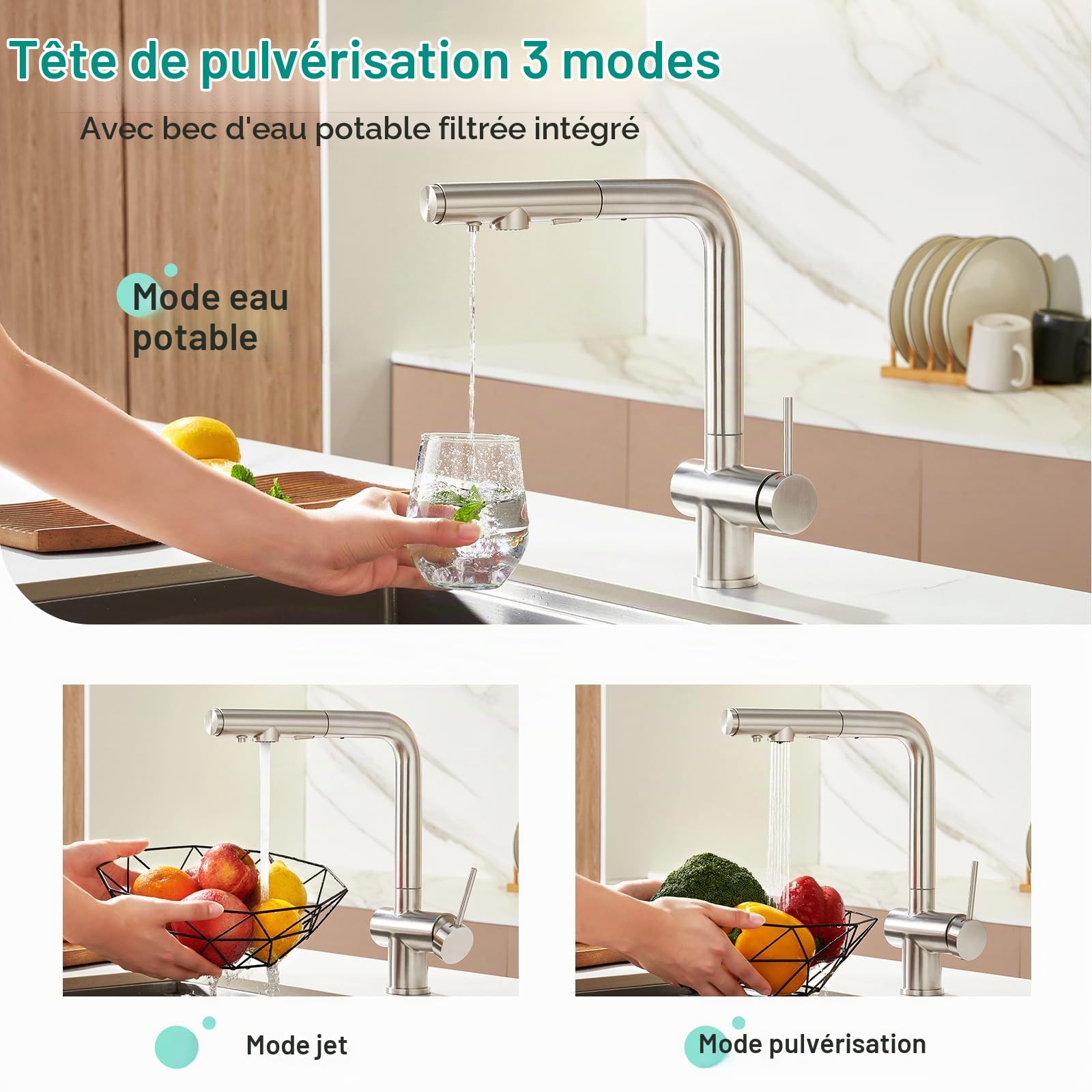 Faustina Robinet de cuisine 3 voies avec douchette extensible, mitigeur monocommande Robinet d'évier Robinet d'eau potable Cuisine pour osmose inverse et filtre à eau en acier inoxydable brossé