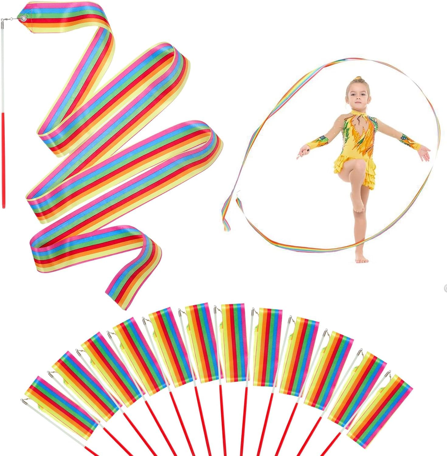 HiUnicorn 24PCS Rainbow Party Favors - Dance Ribbons for Kids Circus Carnival Rhythmic Gymnastics Birthday Party Decoration Supplies, Ribbon Baton