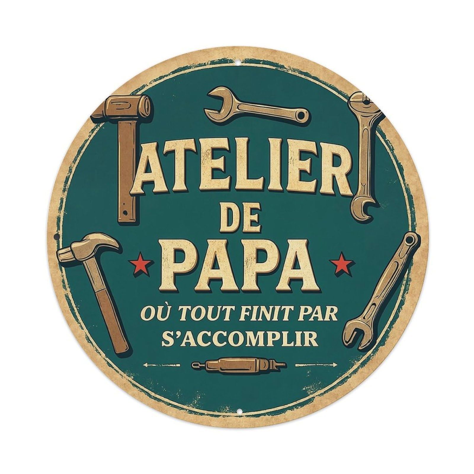 Atelier De Papa Tools Sign Vintage Round Tin Sign Retro Metal Wall Decor Metal Poster, Home Bar Garage Cafe Wall Art Decoration 8x8Inches