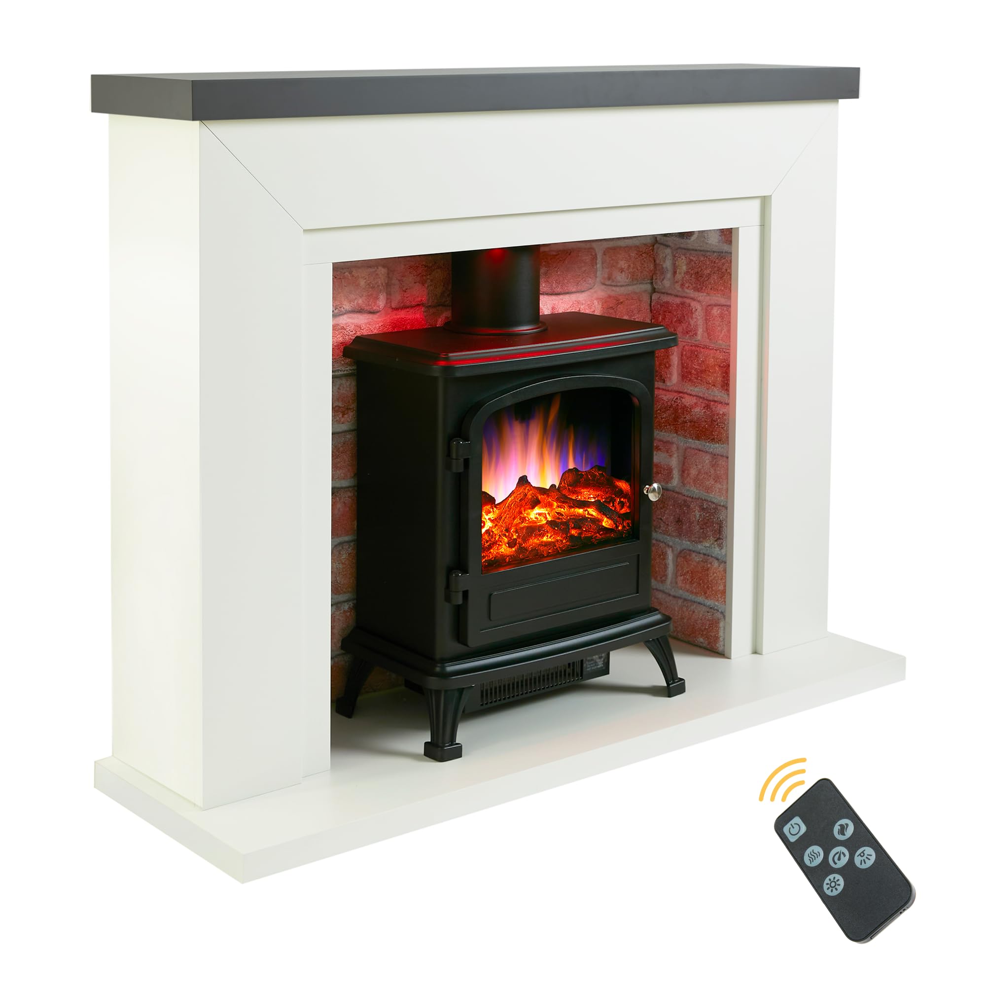 Endeavour Fires And Fireplaces Grey Top/Red Brick Endeavour Fires Farlington Electric Fireplace, Black Log Burner Stove In 48’’ Off White Surround, Led Downlights With Remote Control ()