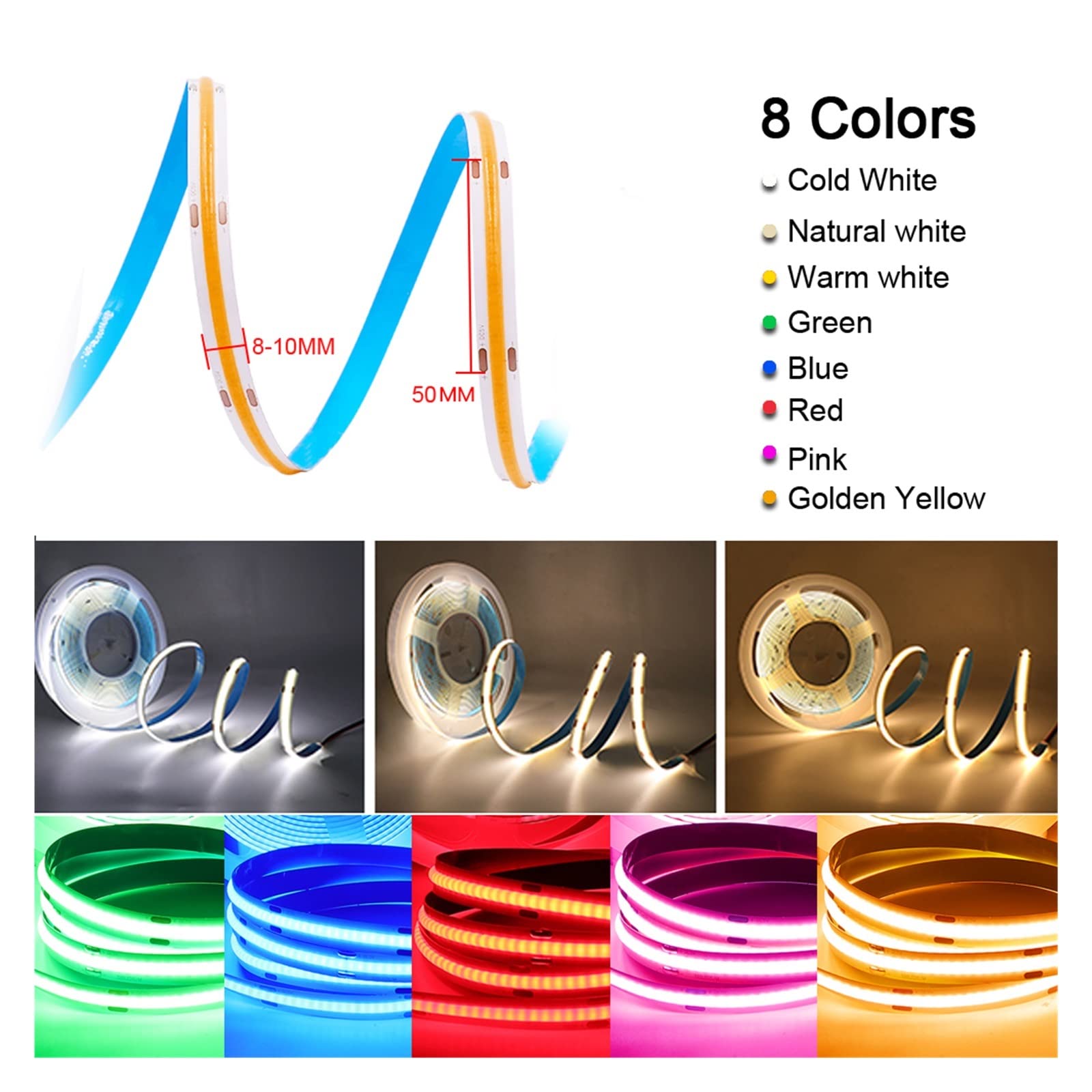 Tira de luces LED COB de 5 V CC, densidad USB, iluminación lineal, 320 LED/m, cinta flexible, luces cálidas y naturales, color blanco, rojo, azul y verde (blanco frío, 2 pines, 1 m)