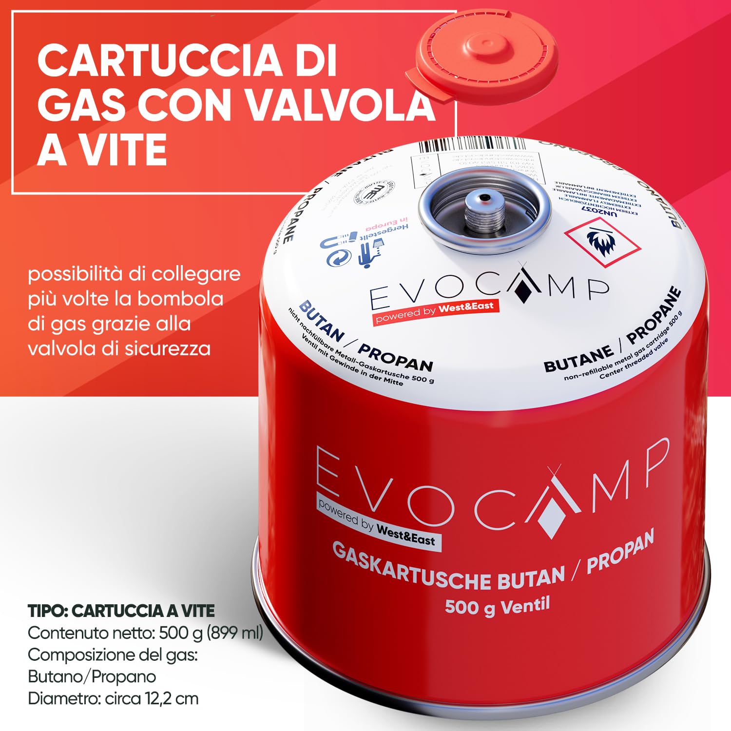 2X Cartucce di gas butano da 500g, cartuccia a vite con gas butano/propano 899 ml, cartuccia di gas conforme alla norma EN 417, cartuccia a valvola con chiusura a vite