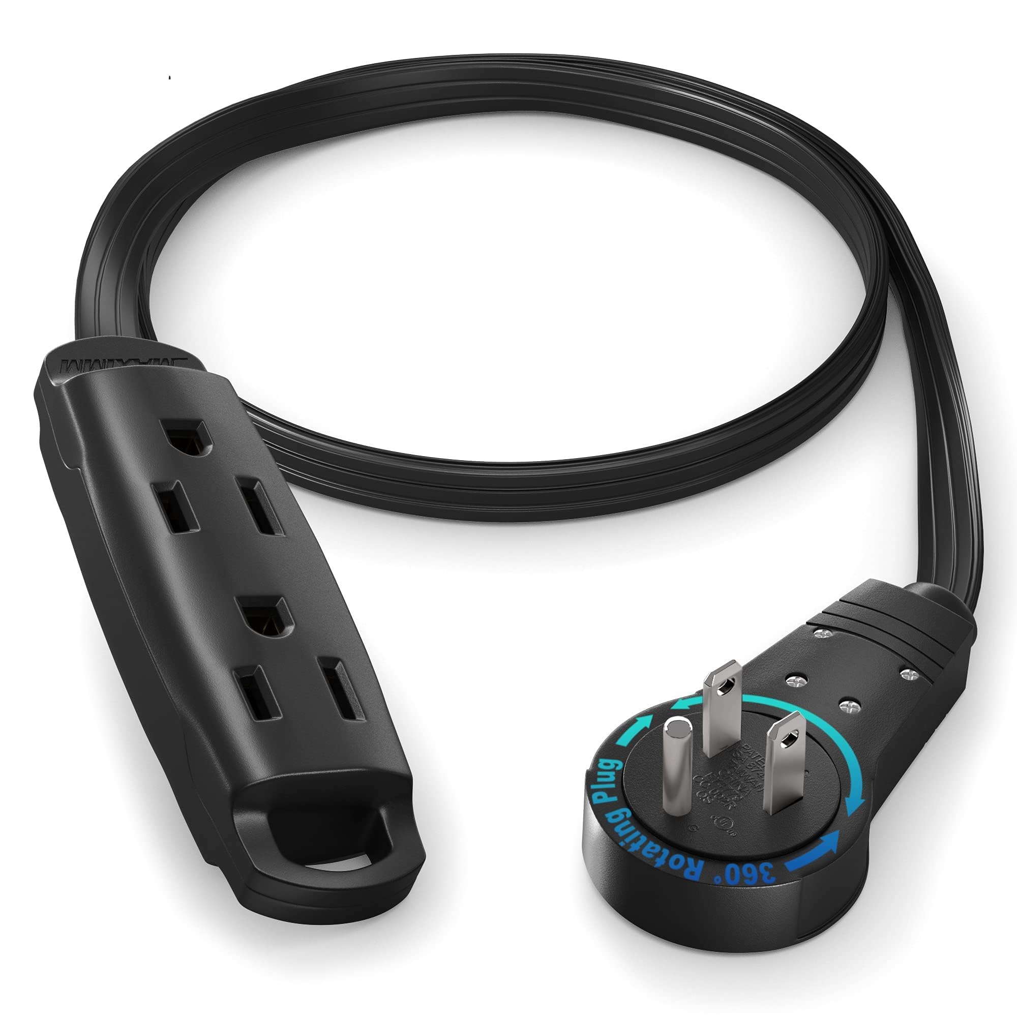 Maximm 360 Degree Rotating Flat Extension Cord 1 Ft Multi 3 Outlet Power Cord Grounded 16 AWG UL Certified, Black