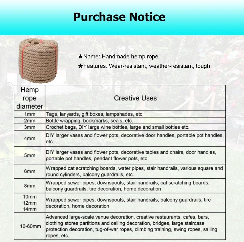 12-60 mm Twisted Manila Rope, Multipurpose Hemp Rope for Swing Hammock Climbing Decor Railing Docks Nautical Landcaping Railings(20mmx10m)