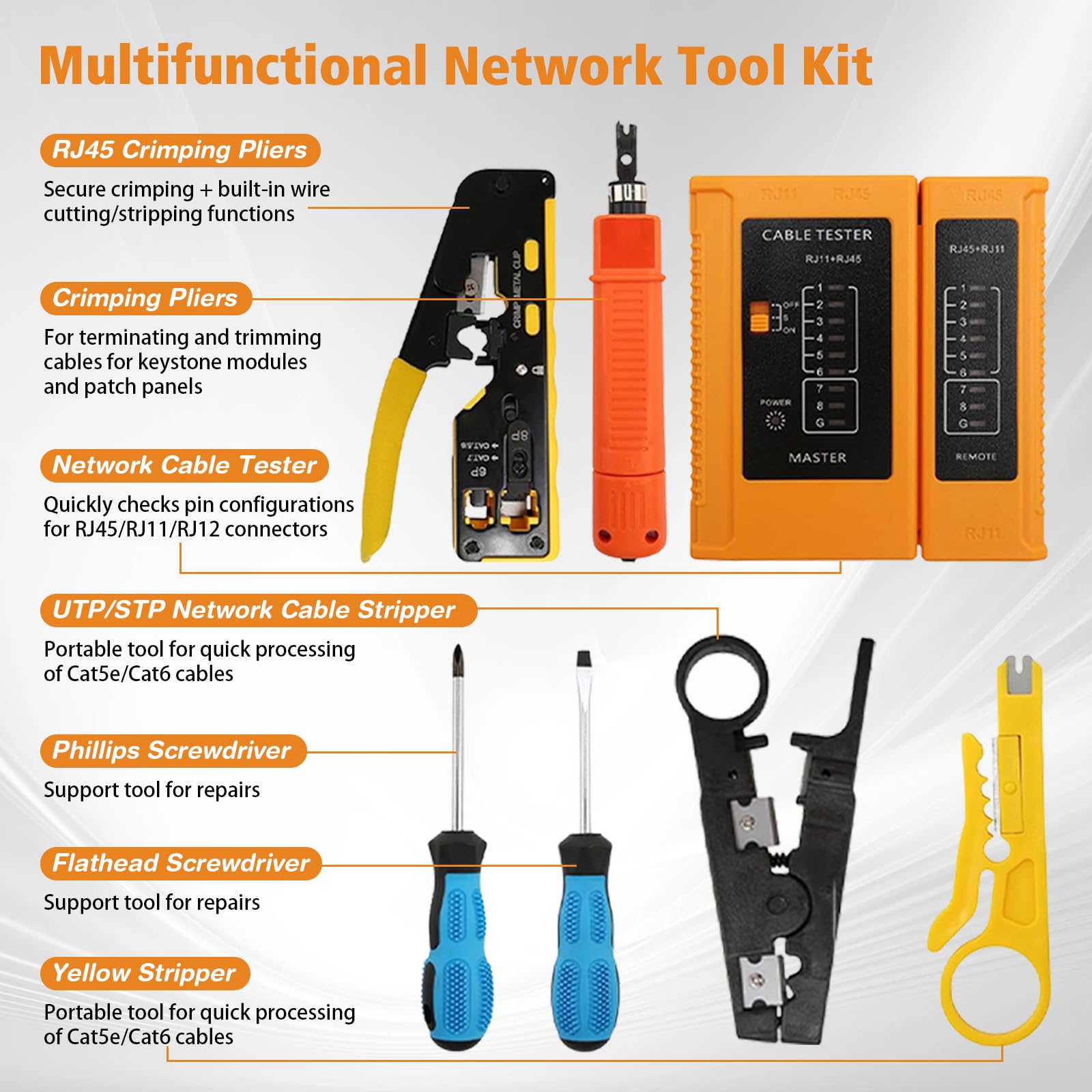 Set di attrezzi di rete, pinza crimpatrice RJ45 con tester di rete, stripper, strumento punch down, cacciavite e tasca con cerniera per cavi CAT5, CAT5e, CAT6, CAT6A e CAT7