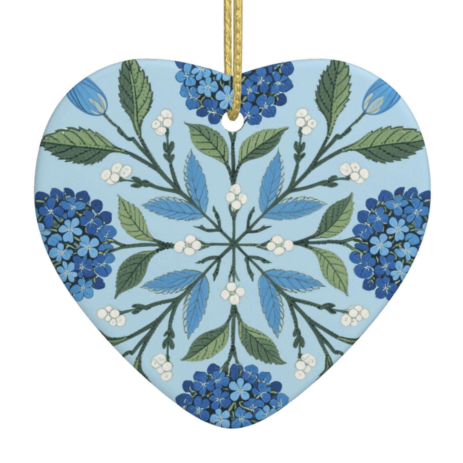 Blue Floral Leaf Christmas Ornament 2025 Heart Ceramic Hanging Ornaments for Home Decor Christmas Decorations with Gold Rope Double-Sided Xmas Tree Ceramic Hanging for Holiday Party