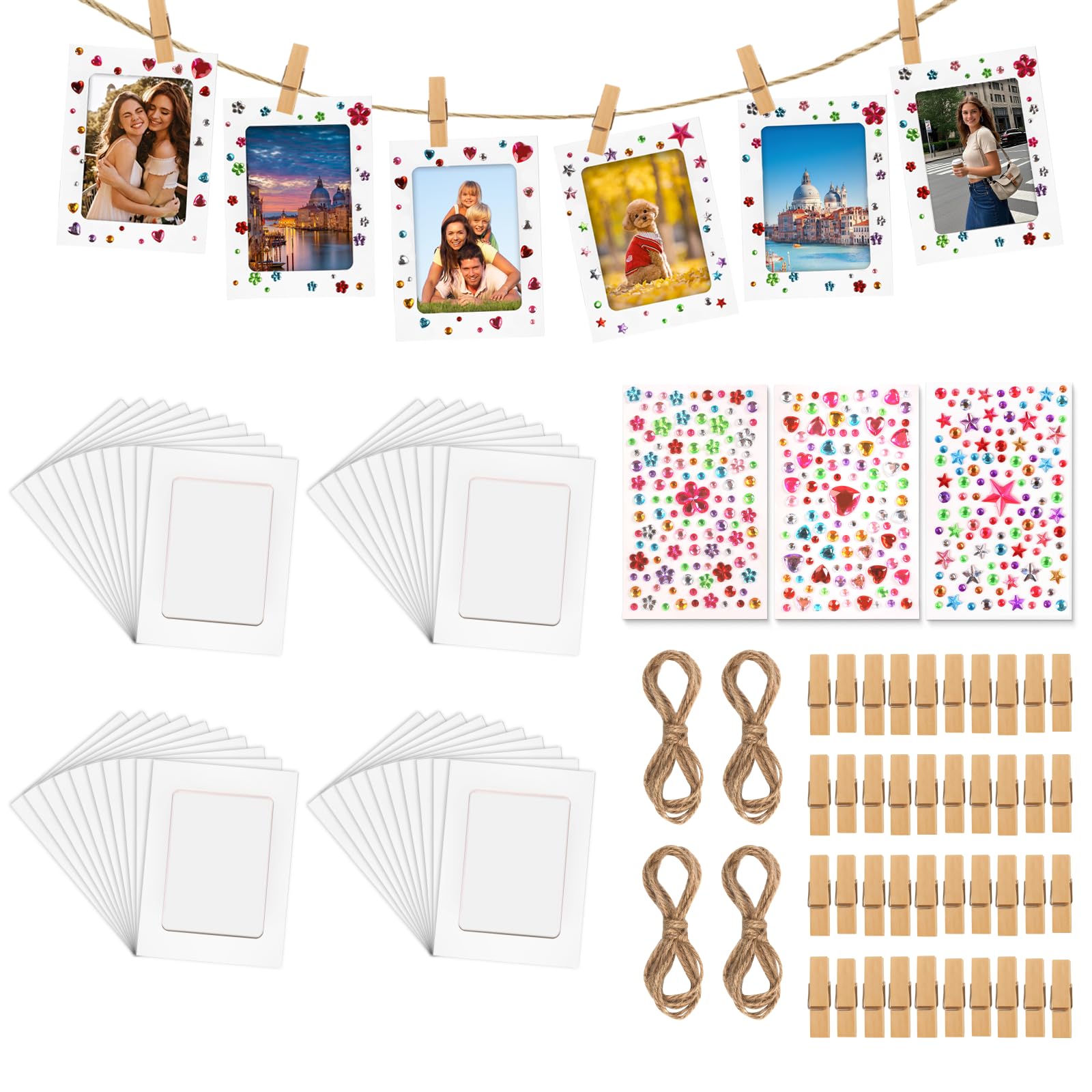 PAPAcroscoma Fotogirlande Fotowand Fotovorhang: 40 Stück DIY Fotogirlande Bastelset mit 40 Papier Bilderrahmen 40 Holzklammern 4 Hanfseilen 3 Diamant Aufklebern für Wanddeko Geburtstag Party