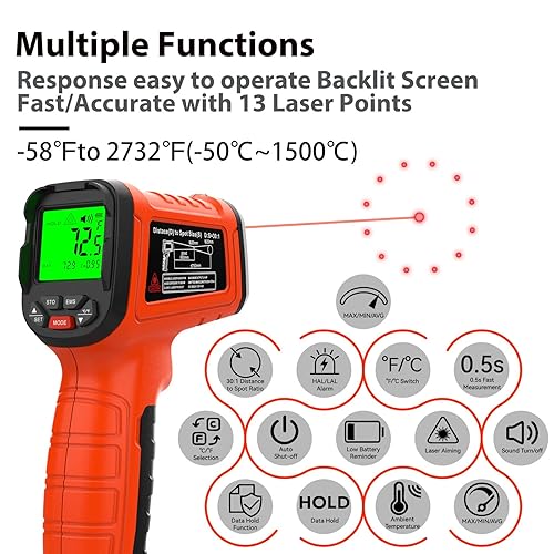 Miniatura 3 de Pistola de termómetro infrarrojo 501, pistola de temperatura láser sin contacto de -58 F a 2732 F para cocinar, horno de pizza, reptil, plancha,