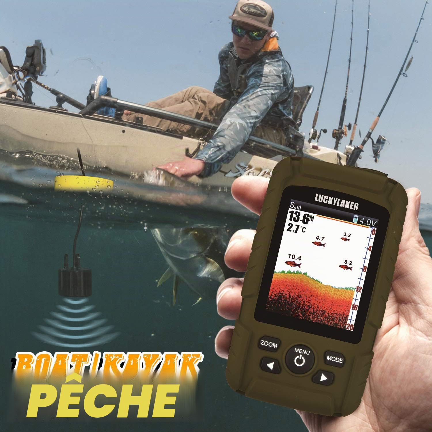LUCKY étanche de Pêche Détecteur et Profondeur Bateau Detecteur de Poissons Capteur Sondeur de Peche LCD écran pour mer Kayak la pêche