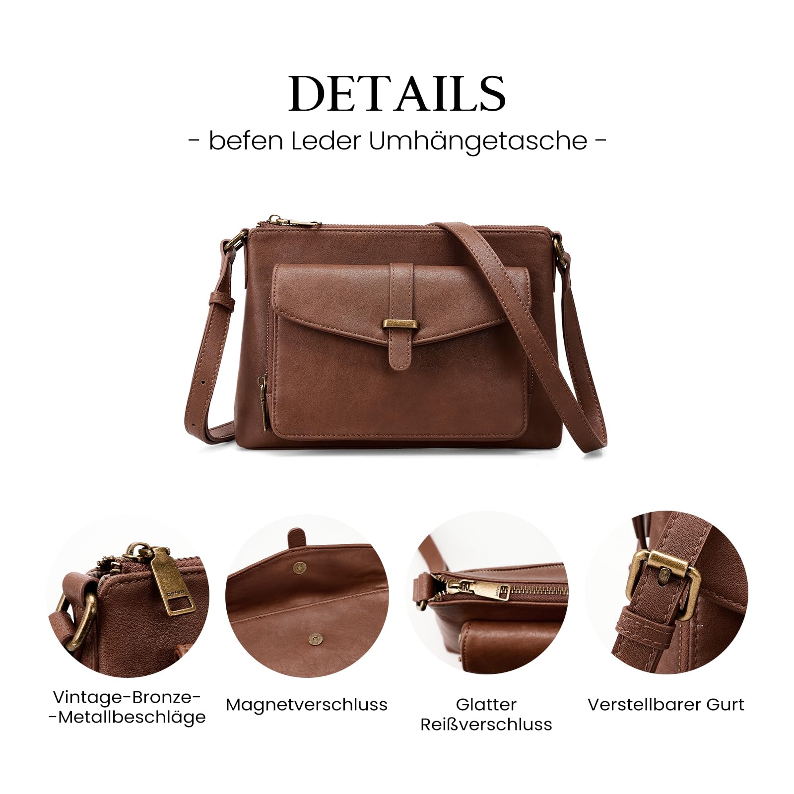 befen Echtleder Umhängetasche Damen Mittelgroß, RFID-Blockierung Handtasche | Leder Crossbody Bag Klein Vintage Schultertasche für Frauen mit integrierter Brieftasche