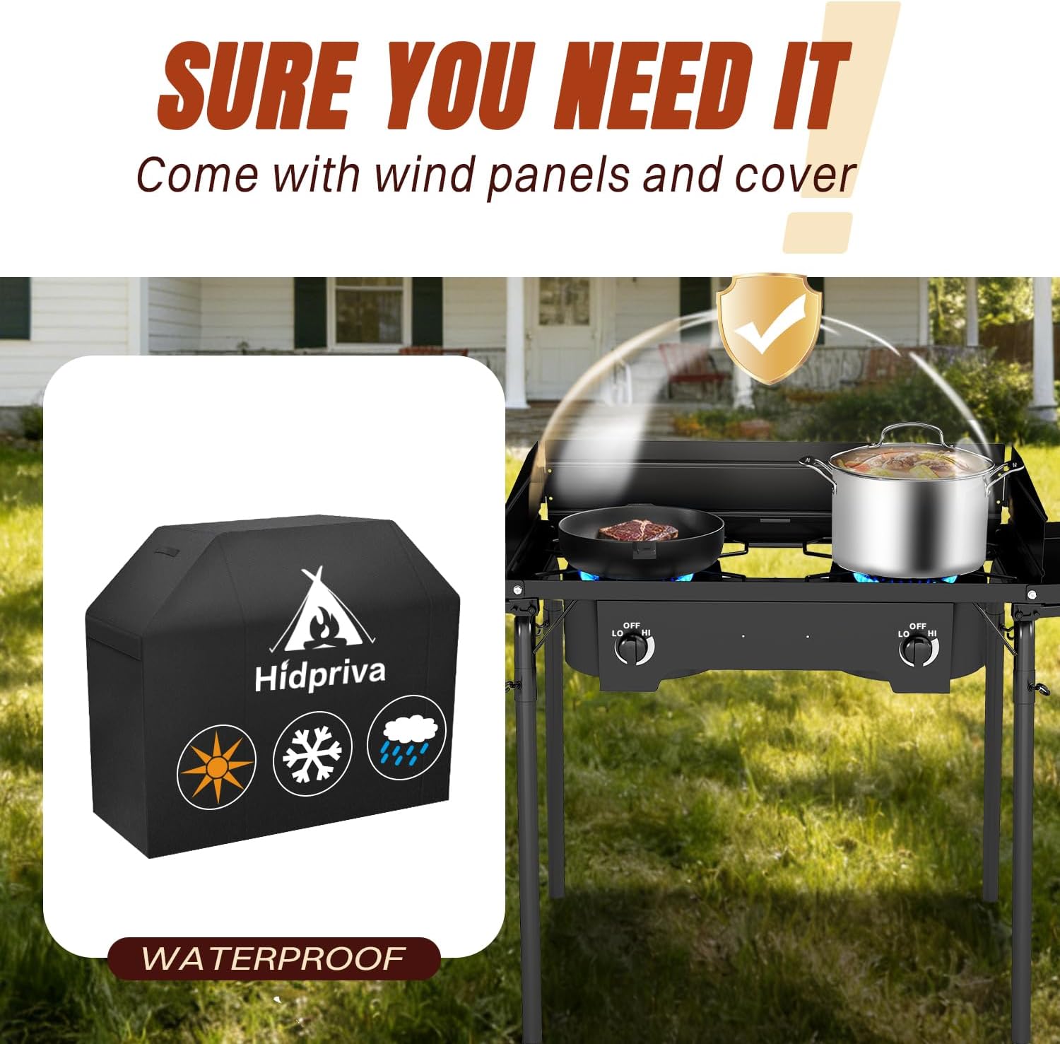 2 Burner Outdoor Camping Stove with Windscreen & Side Table, Cover, 20PSIG Regulator,150,000 BTU Propane Gas Stove for Camping Home Backyard Outdoor Cooking Brewing Canning