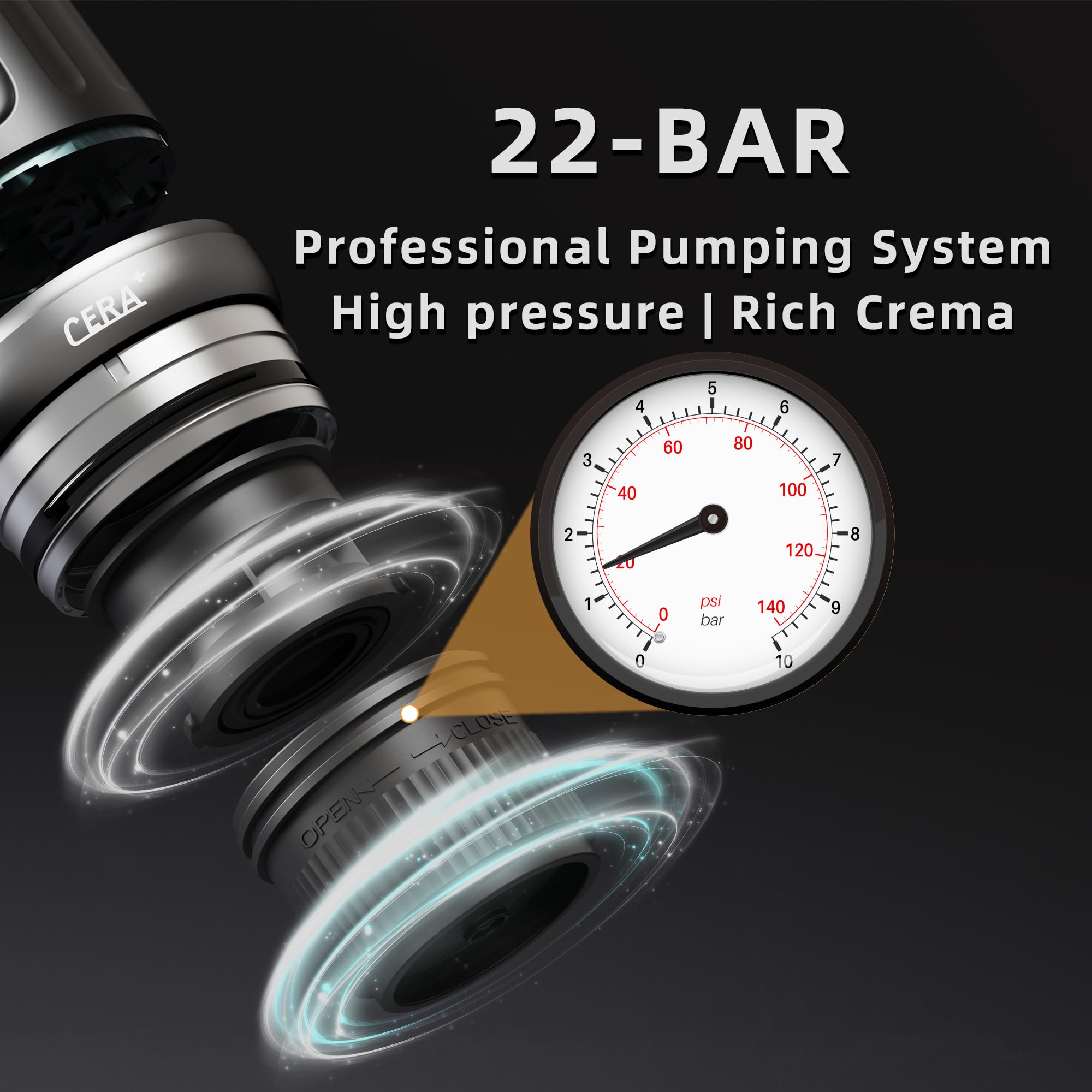 CERA+ Macchina per caffè espresso portatile autoriscaldante 5-8 tazze per carica, 20 bar, CERApresso funziona con cialde NS e caffè macinato, caffè elettrica da viaggio per campeggio, ufficio
