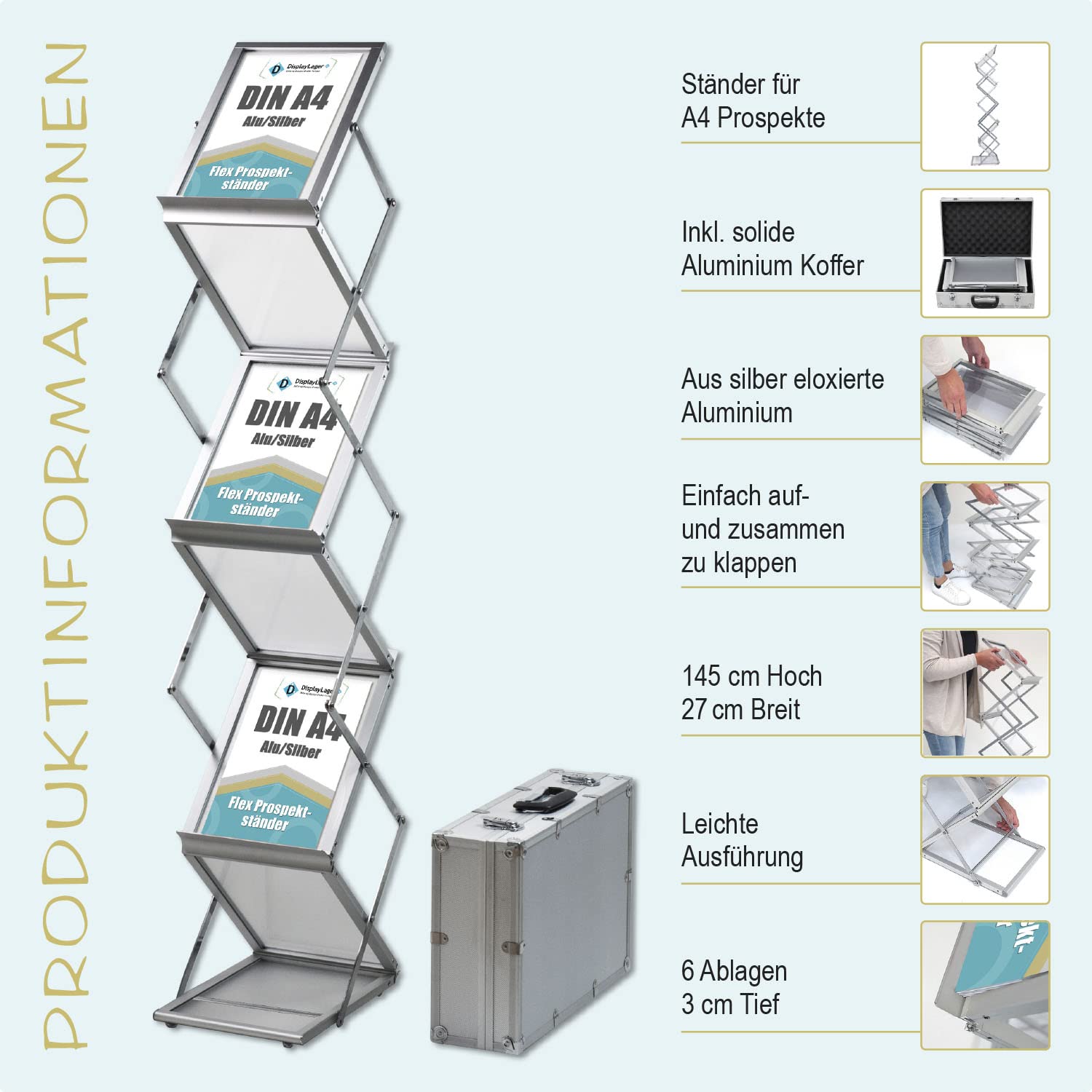 DisplayLager - Prospektständer, Faltbar Inkl. Tragekoffer aus Alu. Bodenprospektständer Hochformat Falt-Prospektständer (Silber, A4)