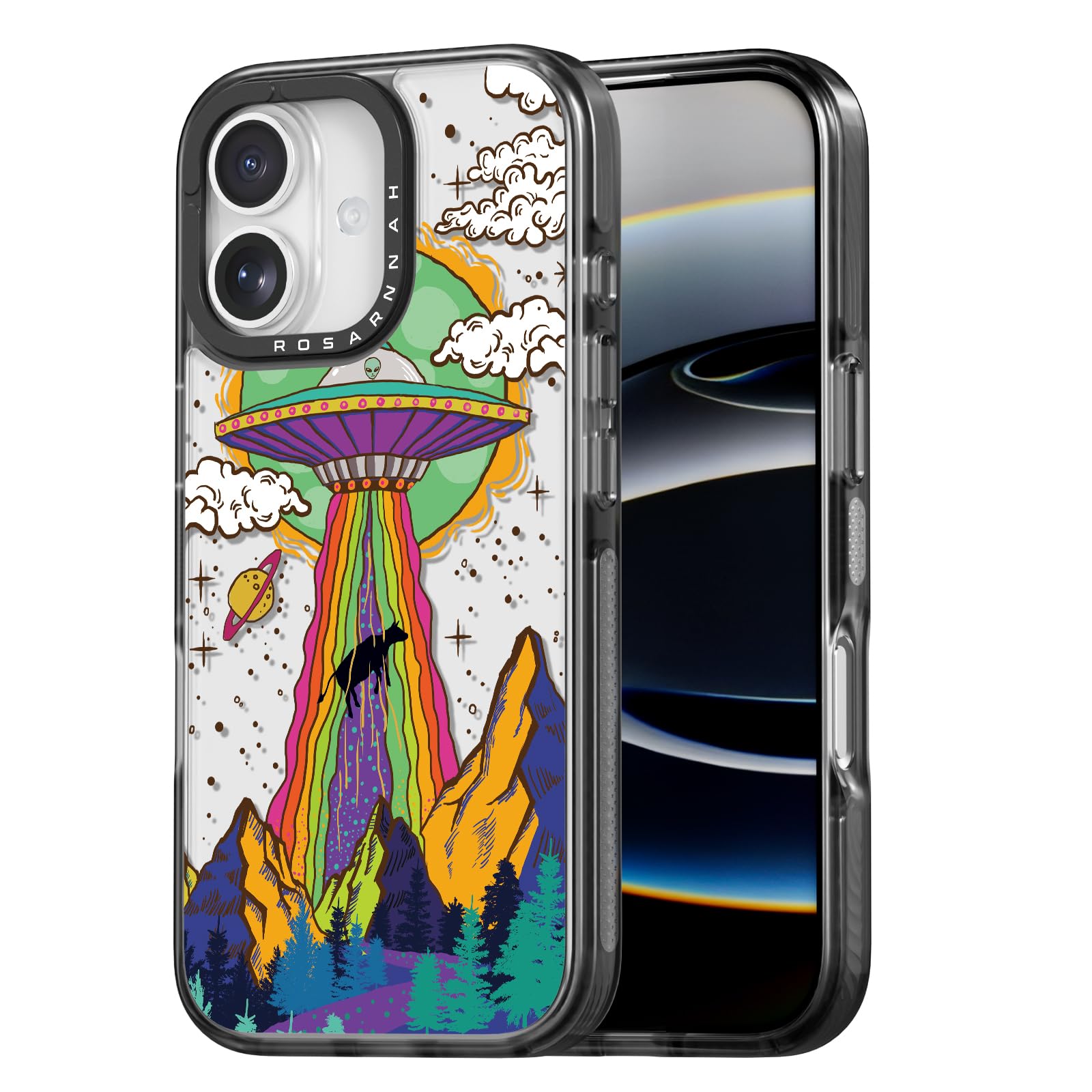 Rosarnnah 17BS - Funda compatible con iPhone – Funda duradera a prueba de golpes de impacto de caída de 6.5 pies – Negro divertido diseño OVNI para iPhone (6.1 pulgadas)