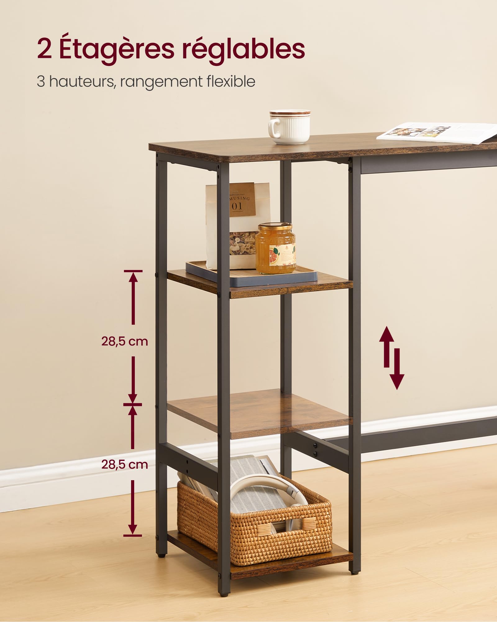 VASAGLE Ensemble Table de Bar avec 2 Tabourets, Ensemble de Salle à Manger, avec Étagères, pour Salon, Cuisine, Structure en Acier, Montage Facile, Marron Rustique et Noir d'encre LBT220KD01