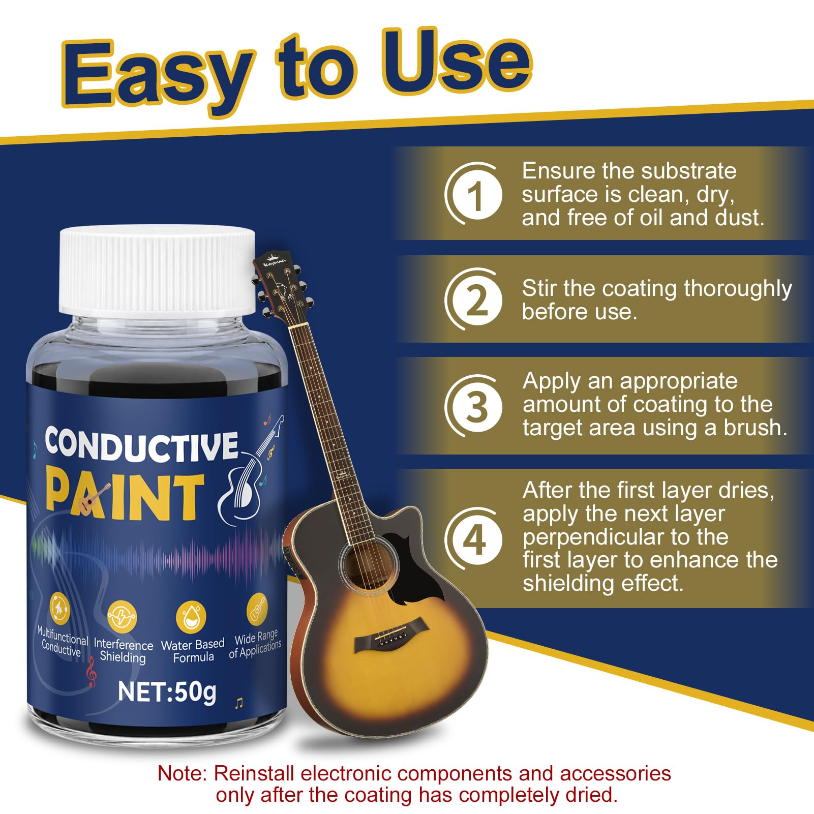 Colle Conductrice, Revêtement Carbone à L'eau, Mpeinture Conductrice Idéal pour Le Blindage se Guitares, La RéParation se Circuits Imprimés st de TéLécommandes, Noir Mat, 50 Ml