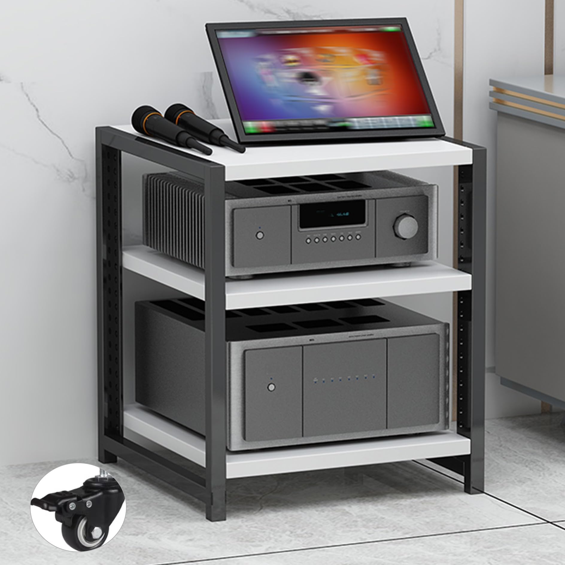 Regulowany stojak AV z kółkami 3/4/5/6-poziomowa półka HiFi i uchwyt DVD, narożny stojak na konsole do gier, nowoczesny biały design (50 x 40 x 40 cm)
