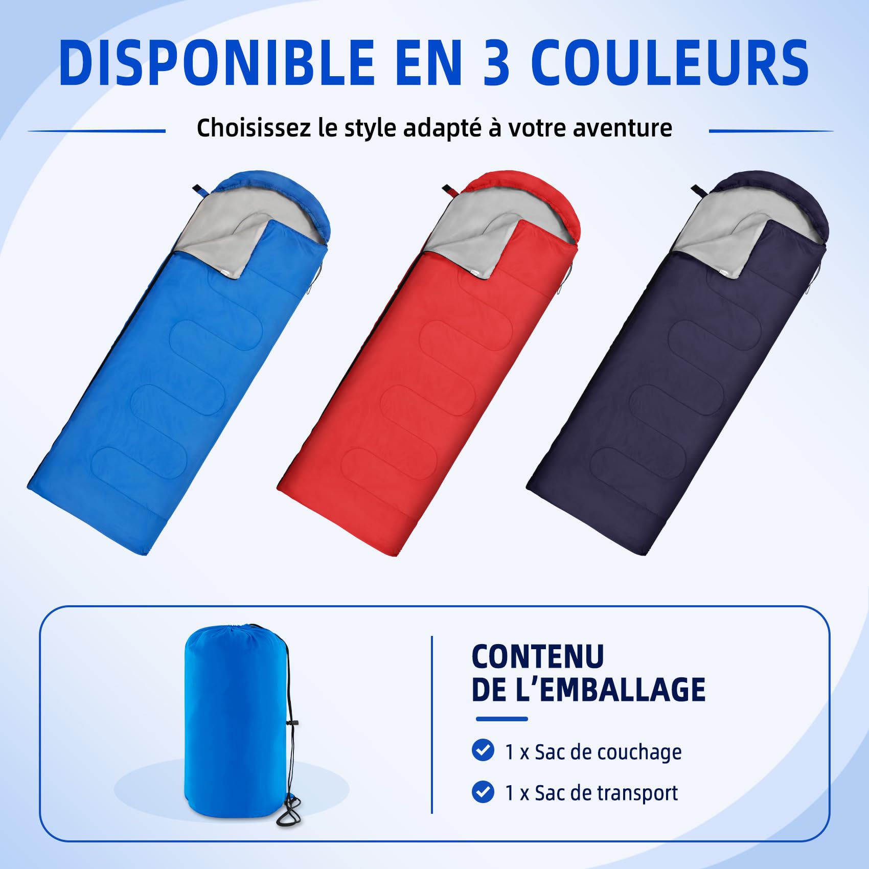 Sac de Couchage pour Adultes et Enfants, Léger, 3 Saisons | Portable, Déperlant, Robuste et Compact, avec Capuche et Fonction Couverture 2-en-1 pour Randonnée, Voyage et Sieste