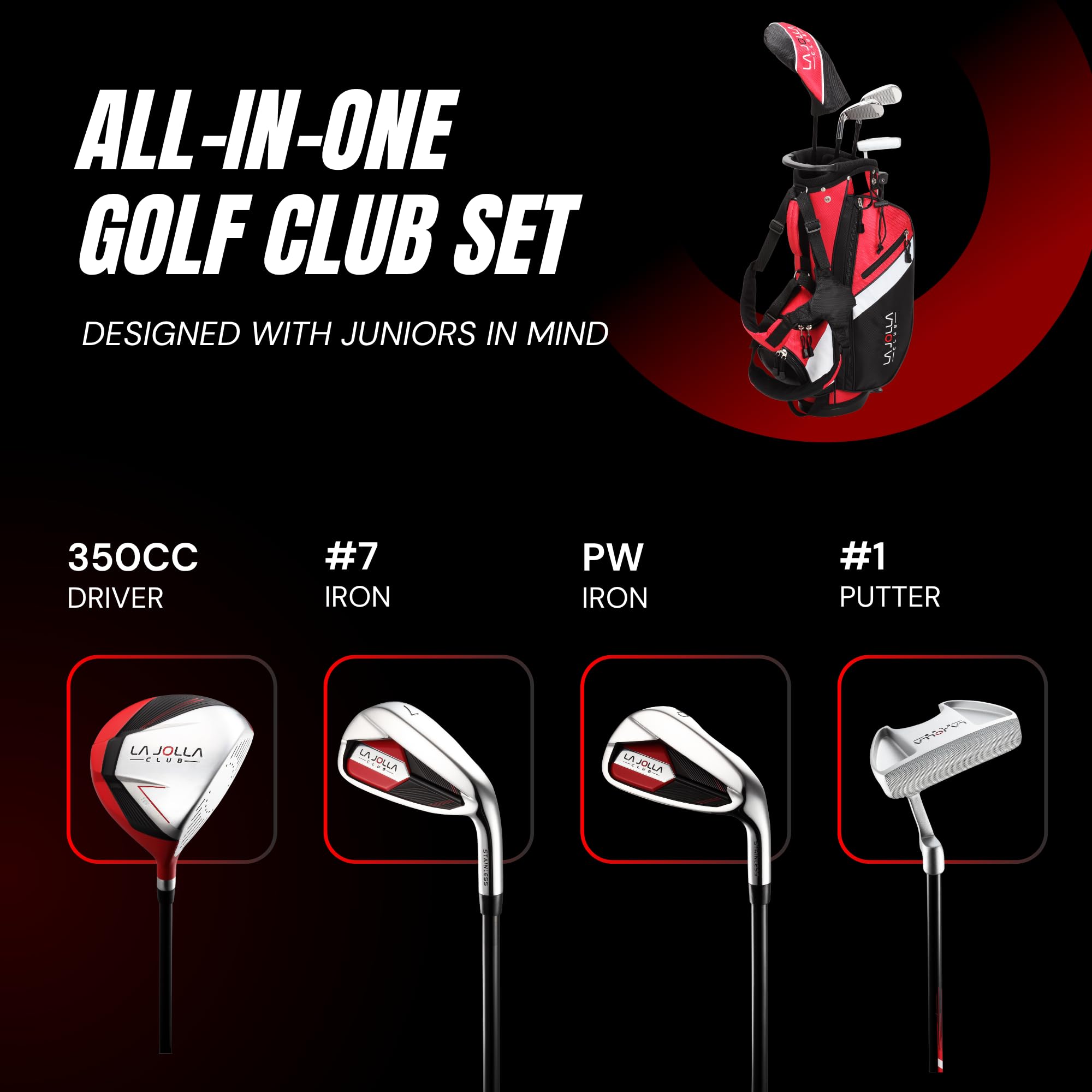 La Jolla Club Set da golf per bambini – Driver in lega leggera, ferri in acciaio inossidabile e putter in zinco, include borsa con supporto a doppia cinghia